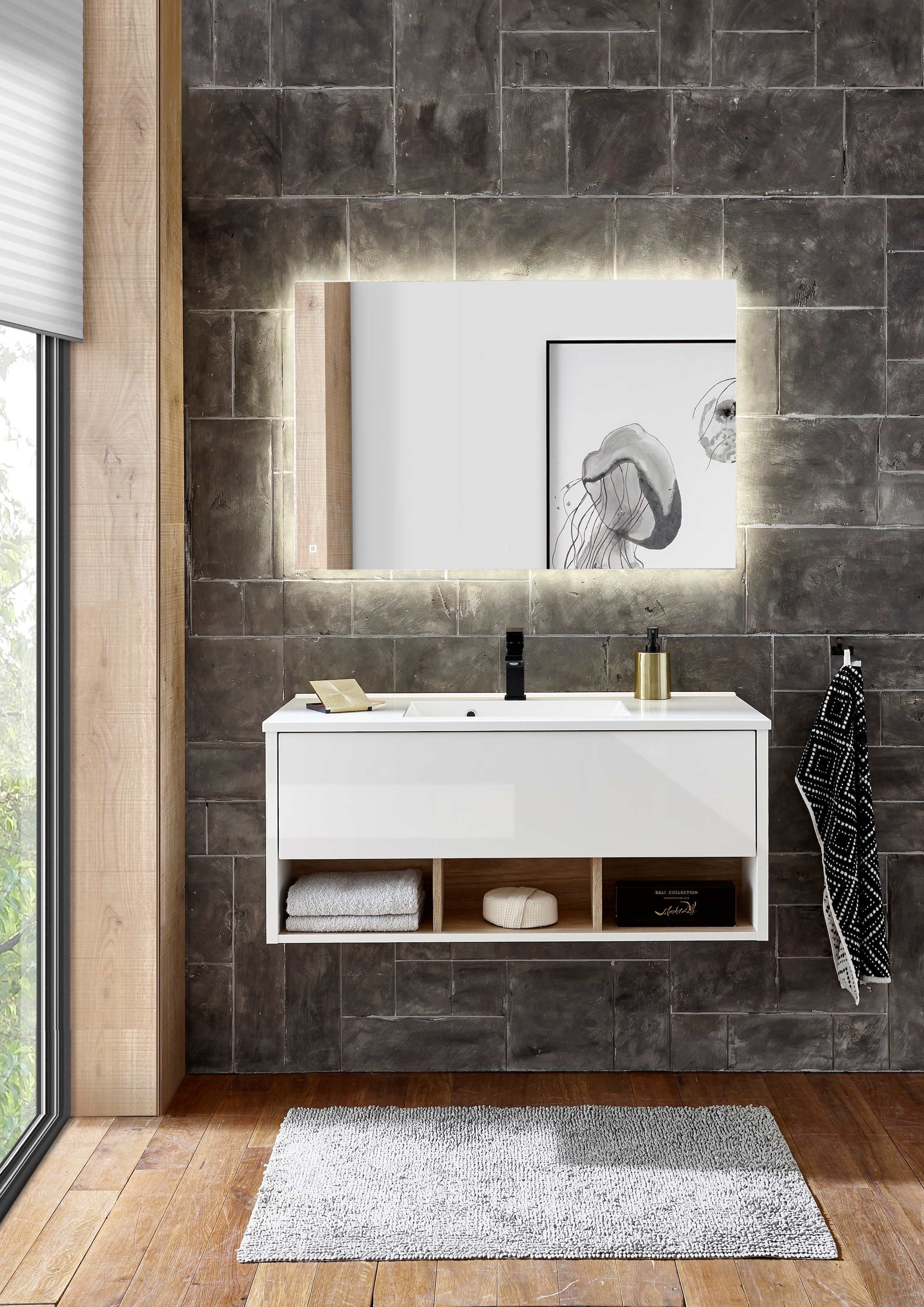 PLACES OF STYLE Badmöbel-Set »Studio Line, Bad im modernen Design, 2-teiliges Badezimmer« in 2 Farben und 2 Spiegelformen lieferbar, 2 Stk. tlg.