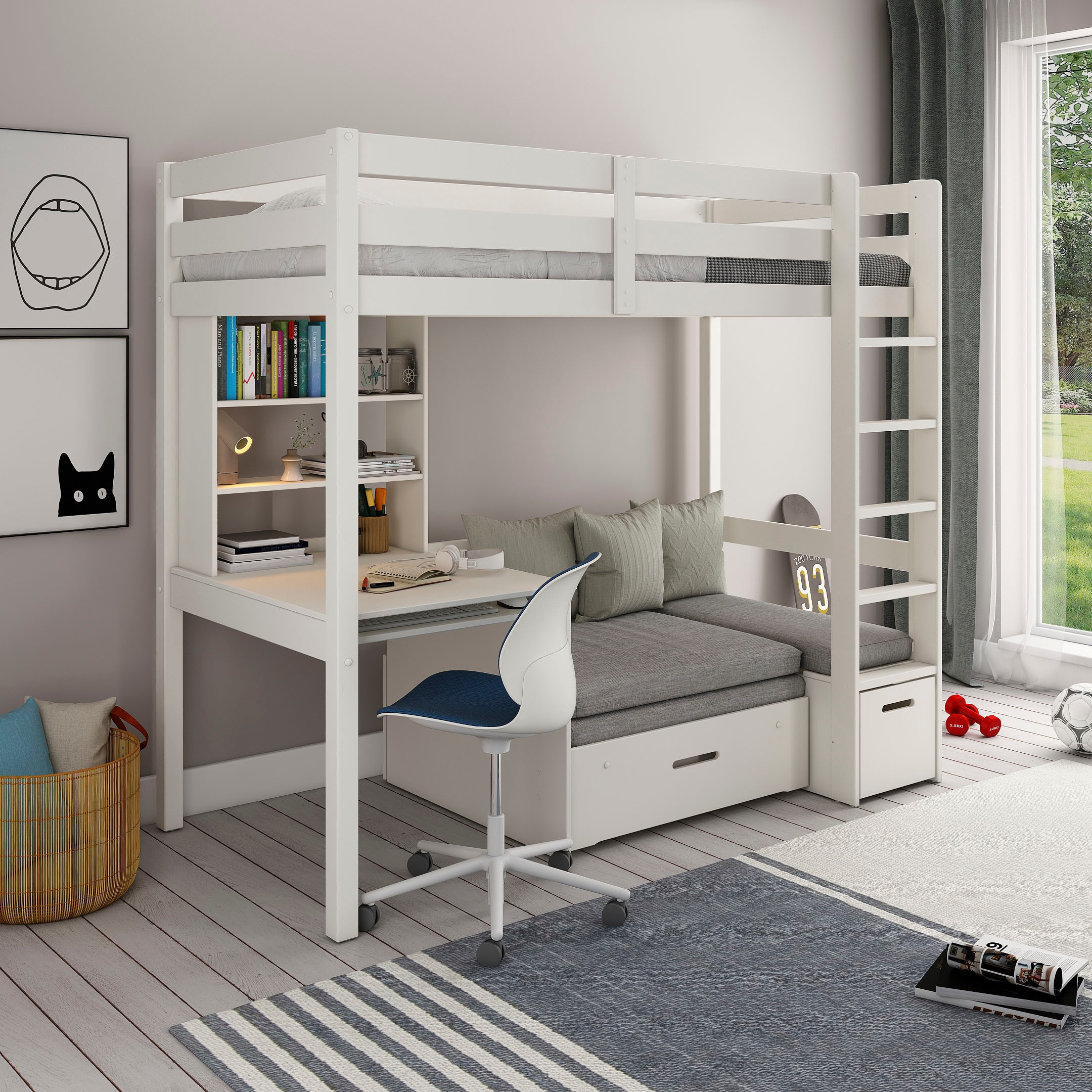 Lüttenhütt Etagenbett »Stockbett, Doppelstockbett "HENNE " zertifiziertes Massivholz«, mit Schreibtisch, Regale, ausziehbarem Sessel,OHNE MATRATZEN/AUFLAGEN!