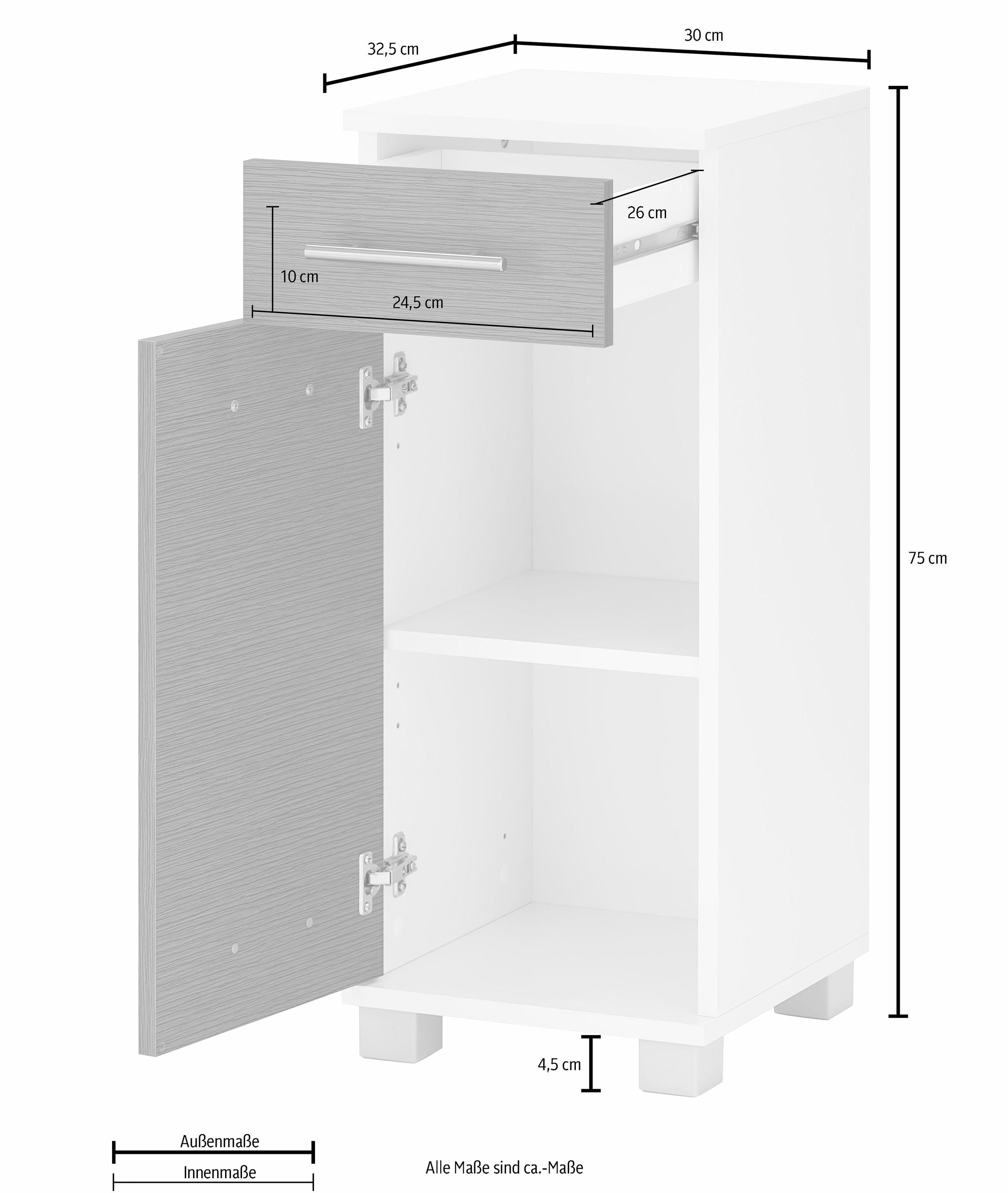 welltime Seitenschrank »Emmi, Breite 30 cm«, Wechselbarer Türanschlag, Metallbeschläge