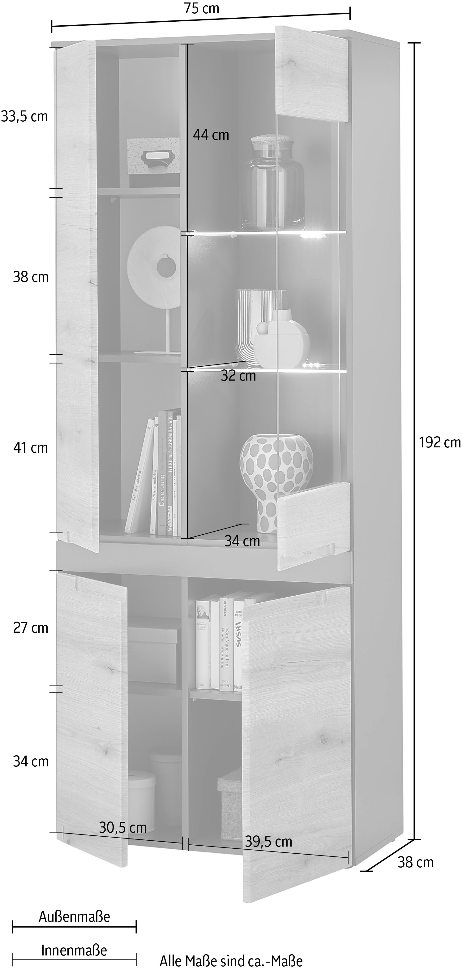 HBZ Vitrine »Taylor Landhaustil, Standvitrine, Stauraumvitrine, BxHxT 75x192x38 cm«, (1 St.), Mit 3 Türen, 1 Tür mit Teilverglasung