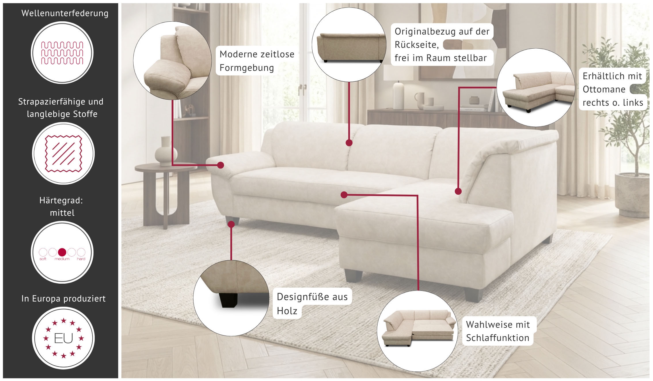 OTTO home Ecksofa »Silkeborg BxT: 254x186 cm, formschönes Sofa mit dunklen Füßen« aus pflegeleichtem, weichem Luxus-Microfaser