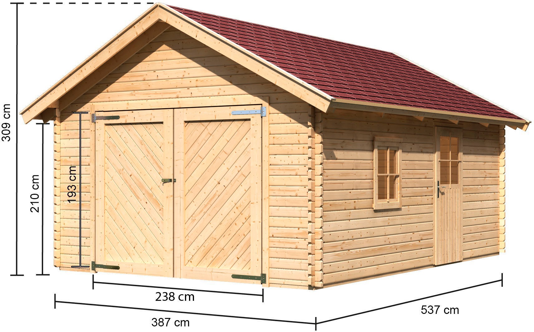 Karibu Garage »Blockbohleneinzelgarage«, (Set, mit roten Dachschindeln), BxT: 435x572 cm, 193 cm Einfahrtshöhe, 38 mm Wandstärke