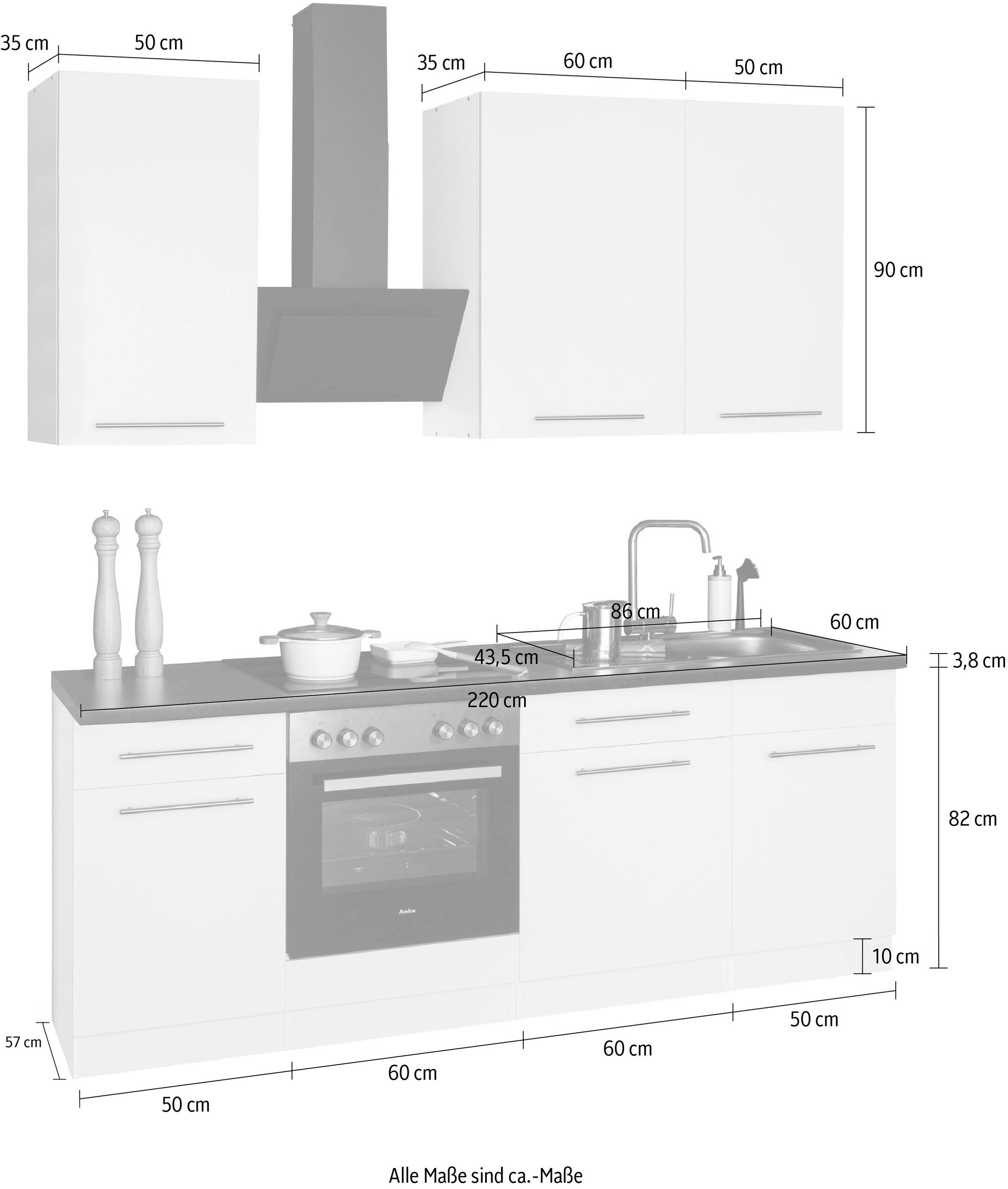 wiho Küchen Küchenzeile »Unna«, mit E-Geräten, Breite 220 cm