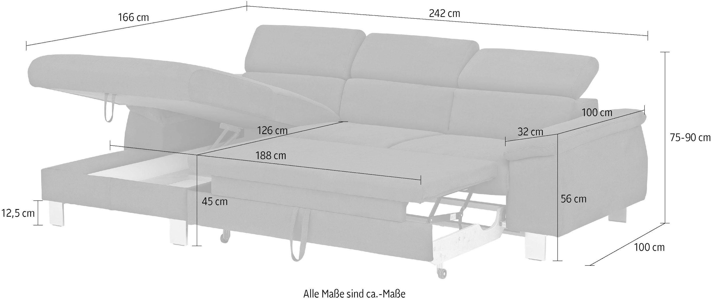 COTTA Ecksofa Komaris, Ecksofa, wahlweise mit RGB-LED-Beleuchtung und Bettfunktion/Bettkasten