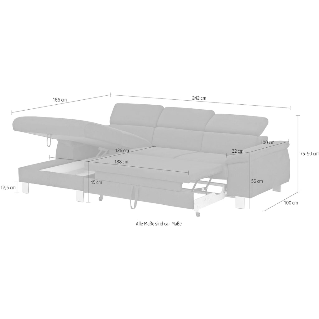 COTTA Ecksofa Komaris, Ecksofa, wahlweise mit RGB-LED-Beleuchtung und Bettfunktion/Bettkasten