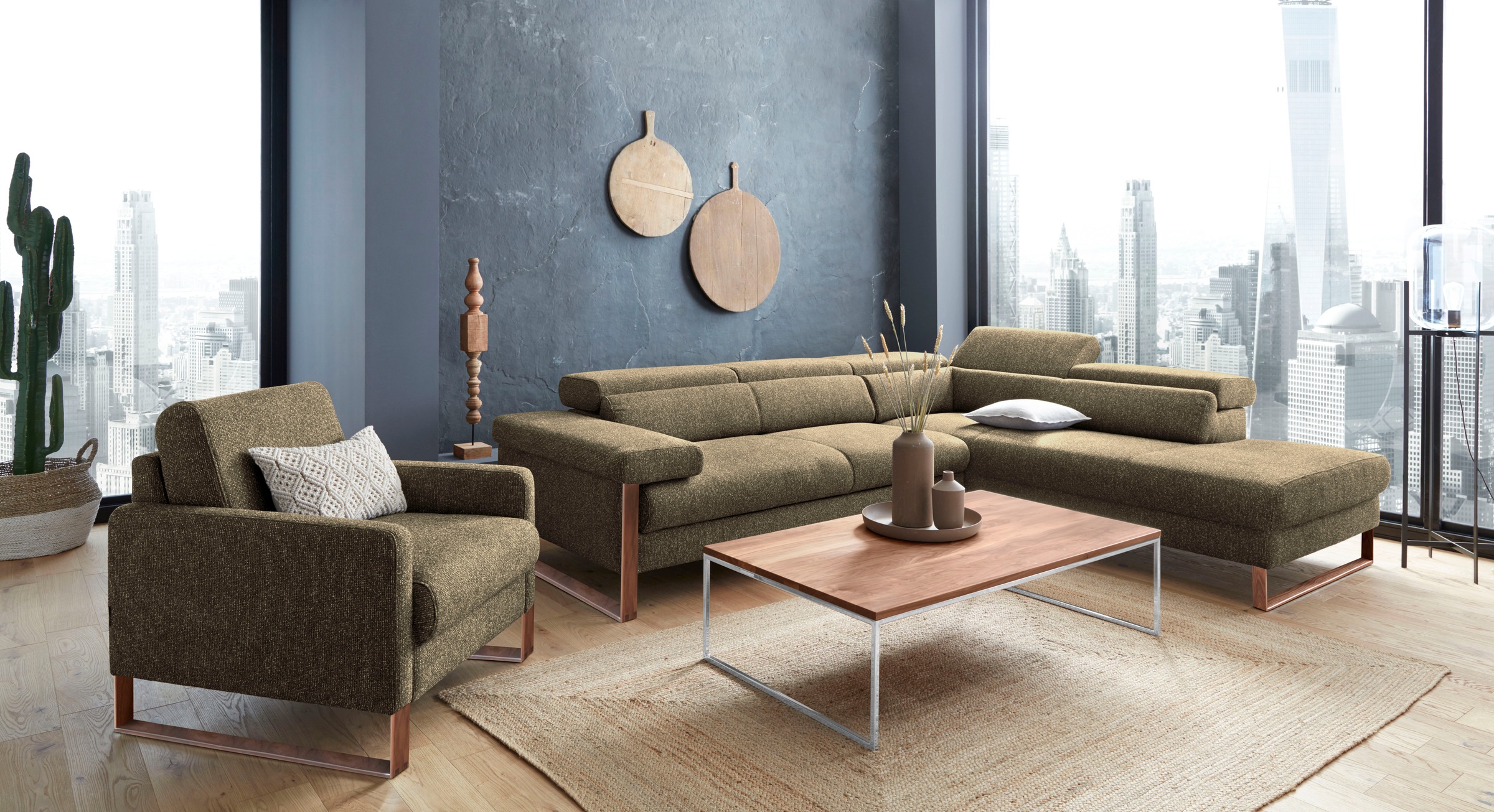 W.SCHILLIG Ecksofa »finn, Designsofa mit tollem Sitzkomfort, bequem, L-Form«, German Design Award 2016, Fußgestell Nussbaum natur, Breite 281 cm