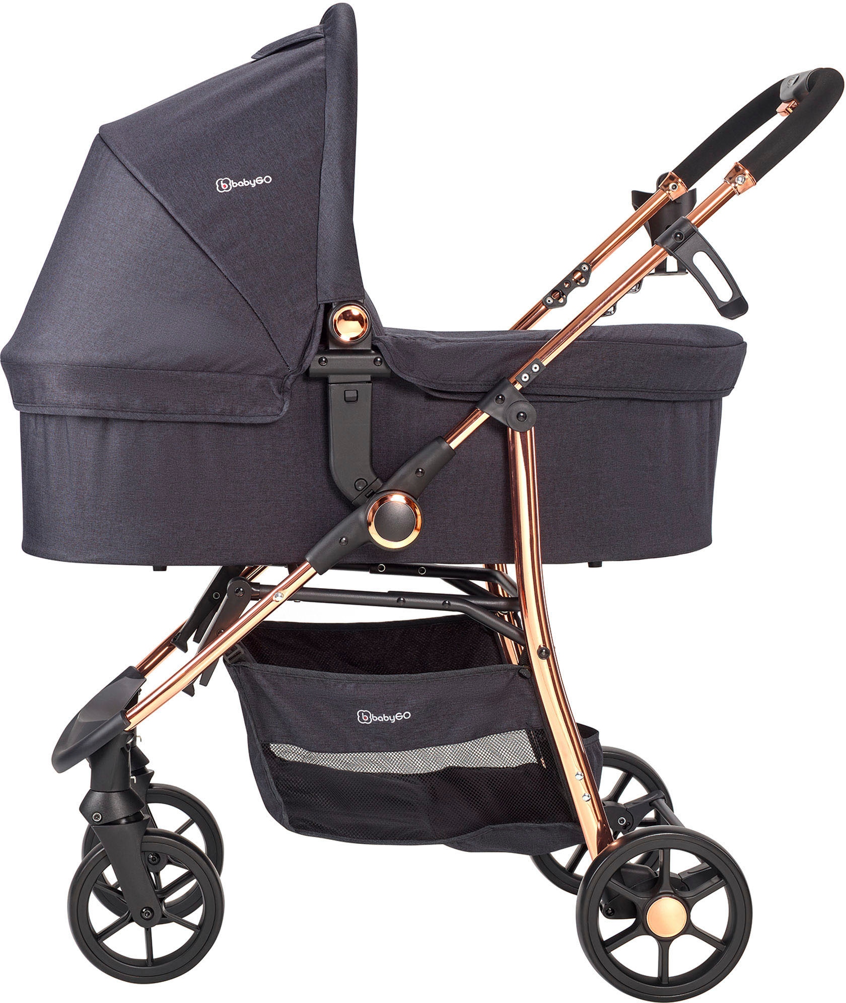 BabyGo Kombi-Kinderwagen »Style - 3in1, rosegold/black«, inkl. Babyschale mit Adaptern u. Wickeltasche