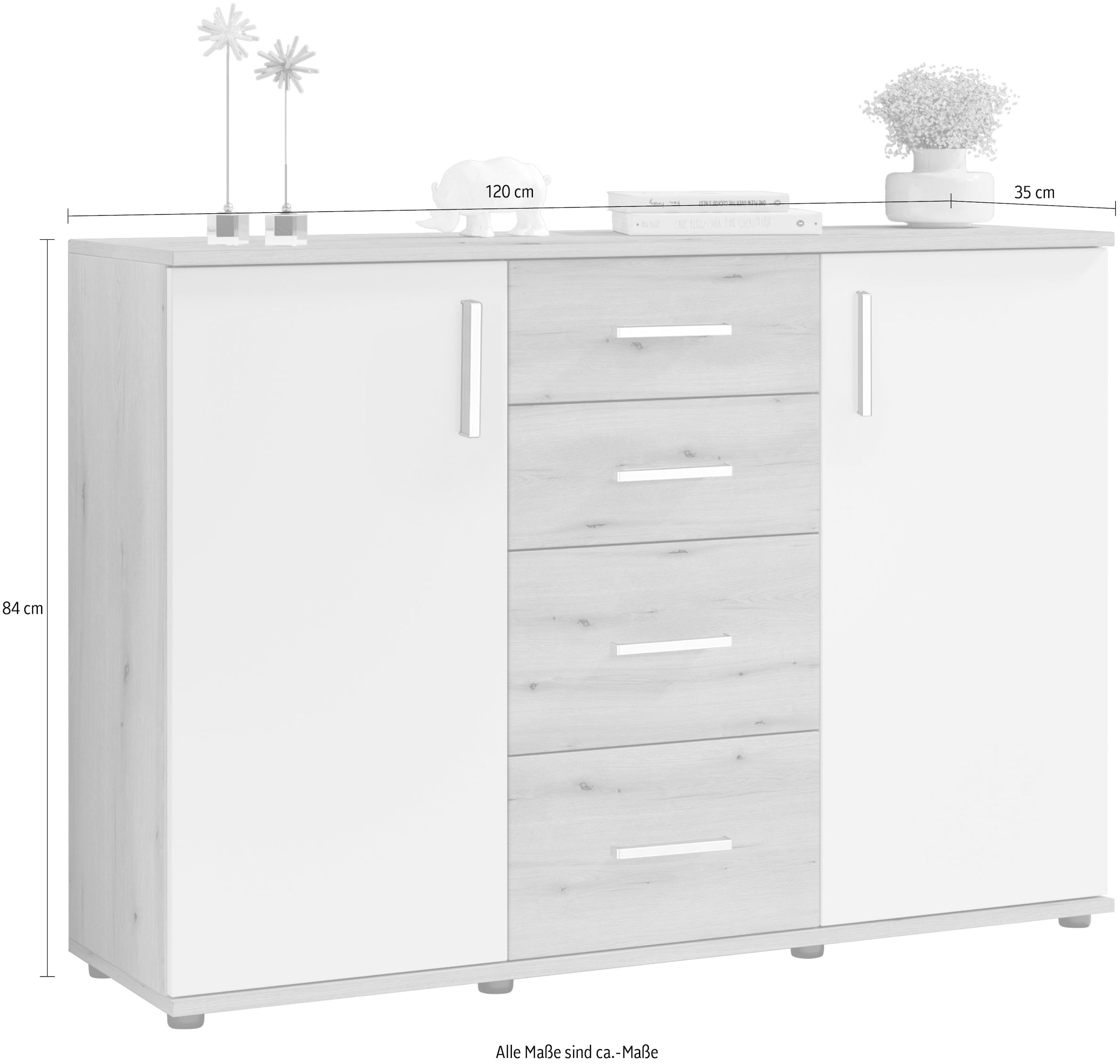HBZ Kommode »BC-Drift-2, Sideboard Stellmaß 120x84x35 cm«, (1 St.), Sideboard mit 2 Türen, 4 Schubkästen, 2 Einlegeböden