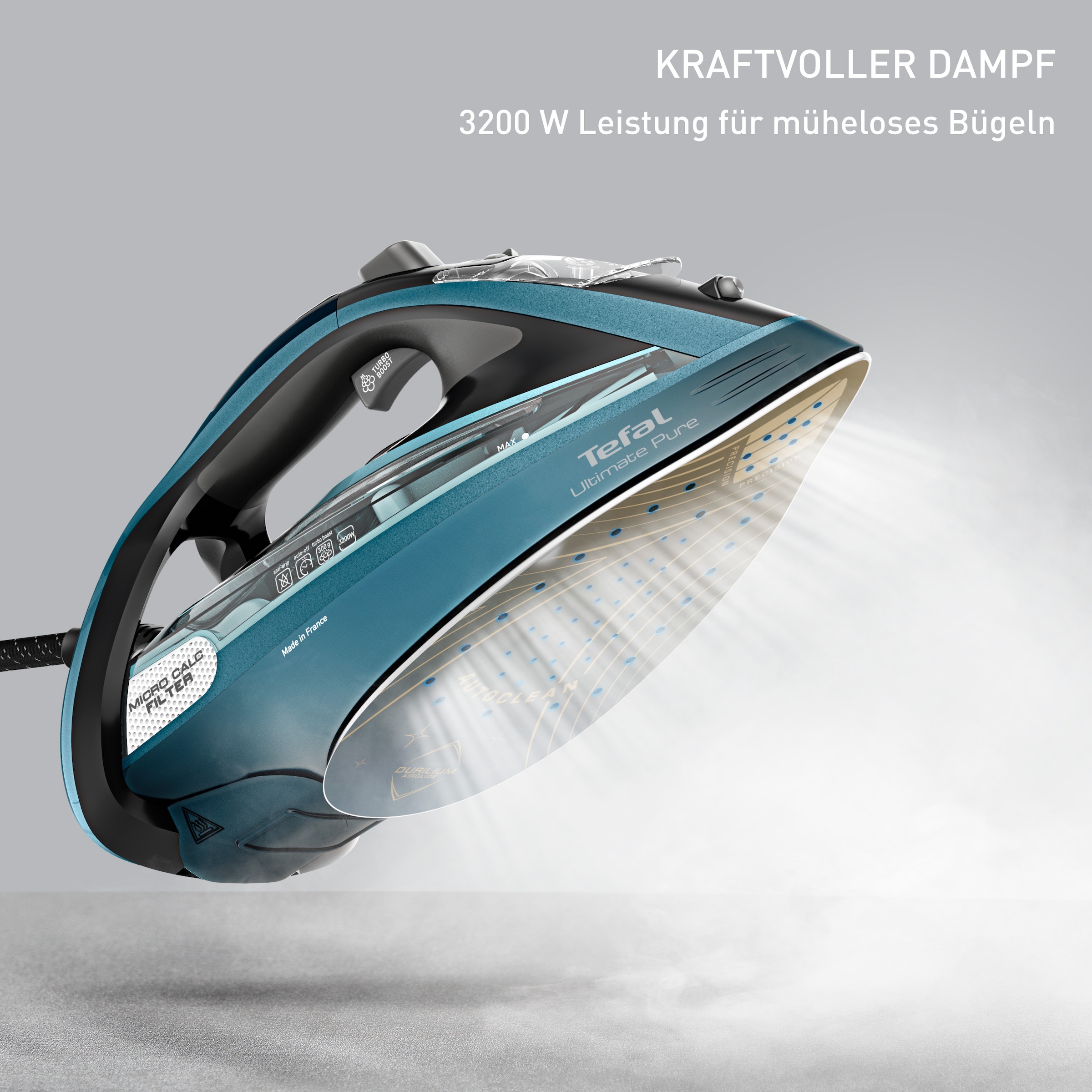 Tefal Dampfbügeleisen »Ultimate Pure, Autoclean-Bügelsohlen-Technologie, kurze Aufheizzeit« 3200 W Tropfstopp, Auto-Abschaltung, vertikales Dampfglätten, FV9851