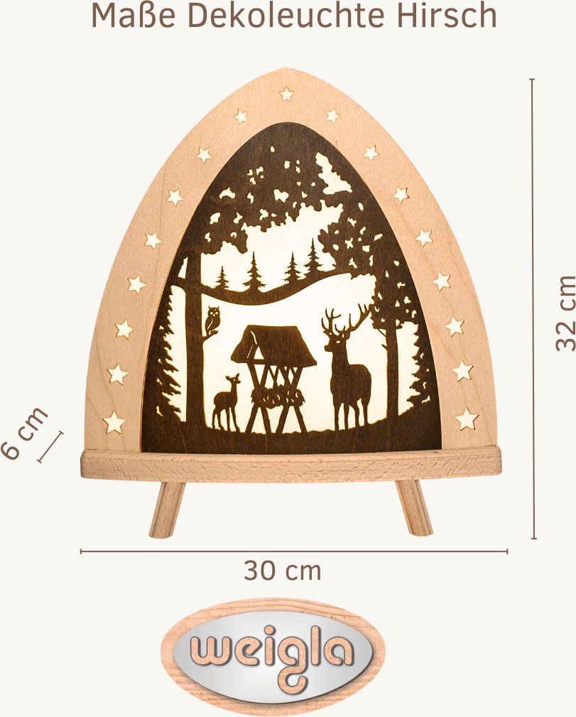 Weigla Lichterbogen »LED Hirsch, Dekolampe aus Holz, Winterdeko & Herbstdeko NATUR-BRAUN«, Erzgebirge garantiert, Weihnachtsdeko Innen, Weihnachtsbeleuchtung