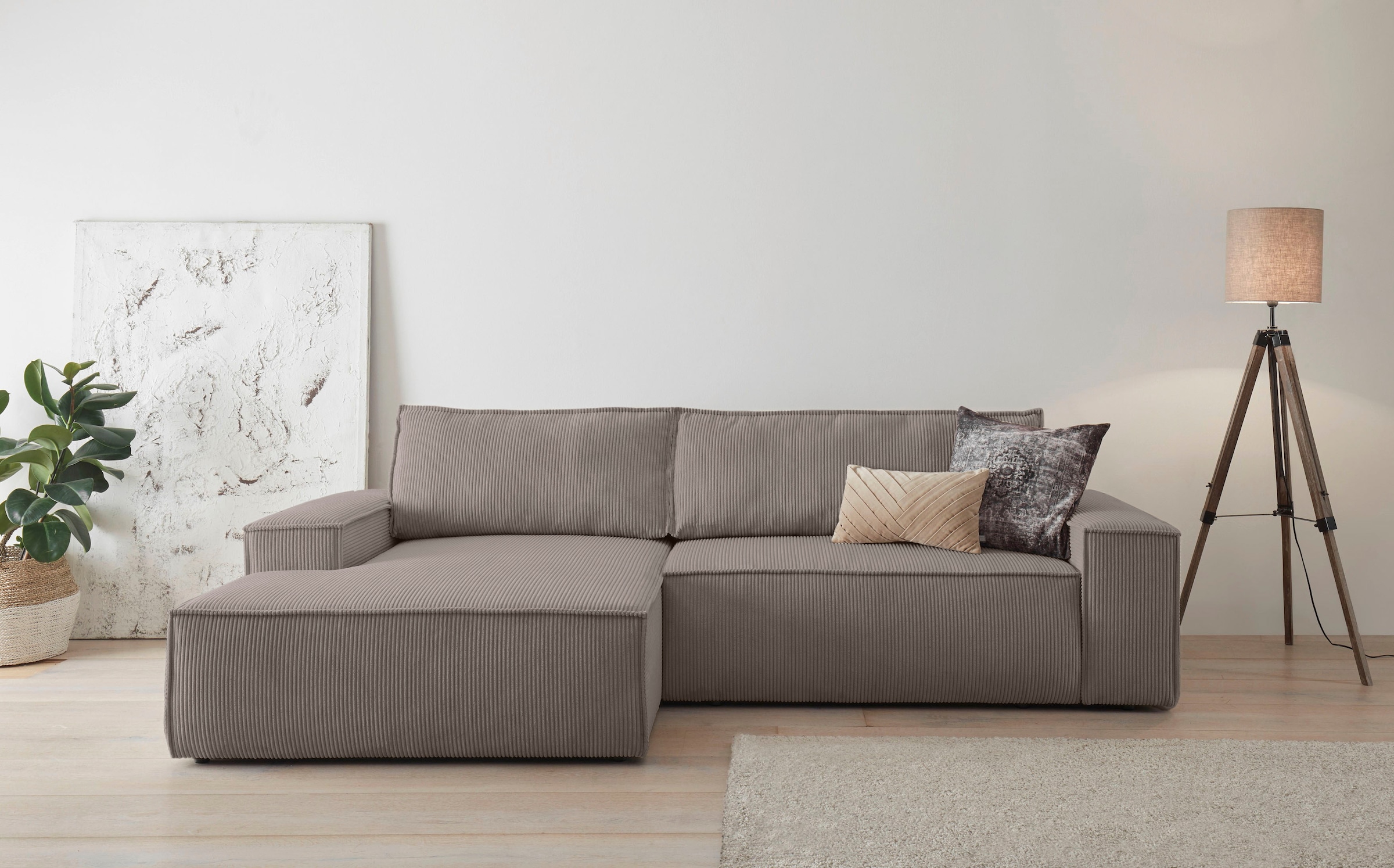 Home affaire Ecksofa »SHERWOOD Schlafsofa 267 cm, L-Form,«, Schlaffunktion mit Bettkasten (210x136 cm), Cord, Vintage, Samtvelours