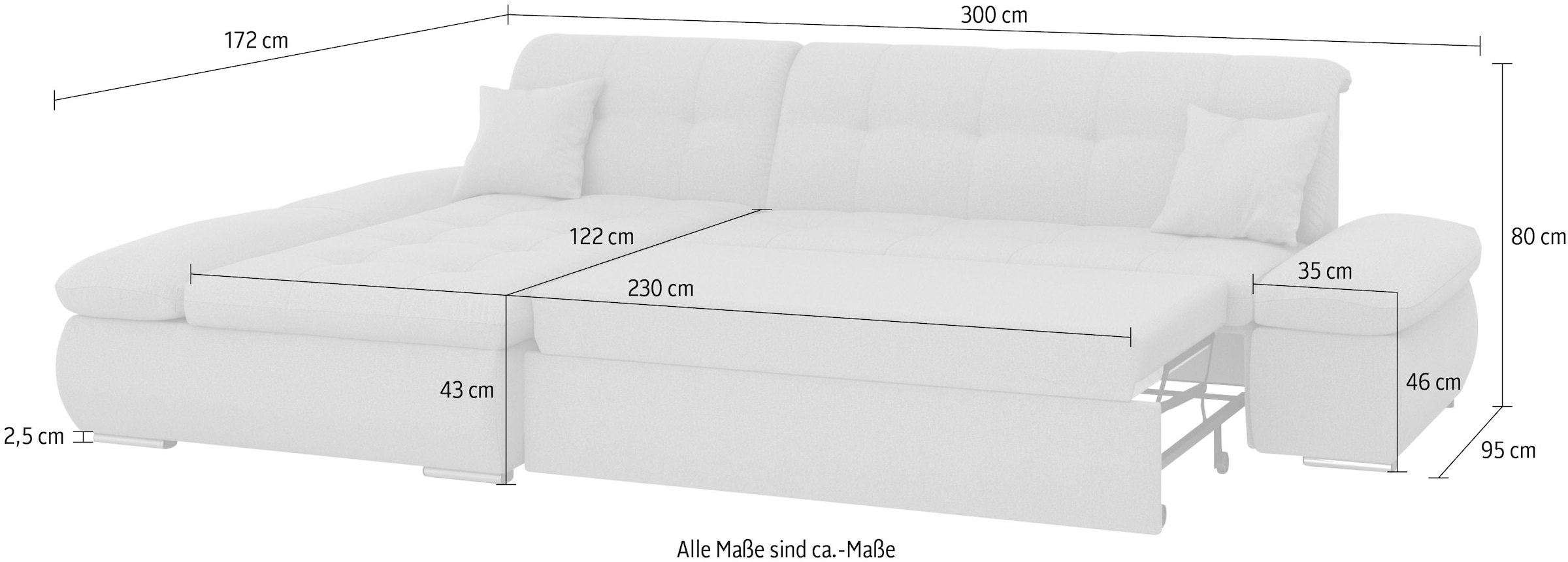 DOMO collection Ecksofa »Moric, L-Form, XXL-Sofa - Breite 300cm«, wahlweise mit Bettfunktion und Armteilverstellung, grau-eisblau