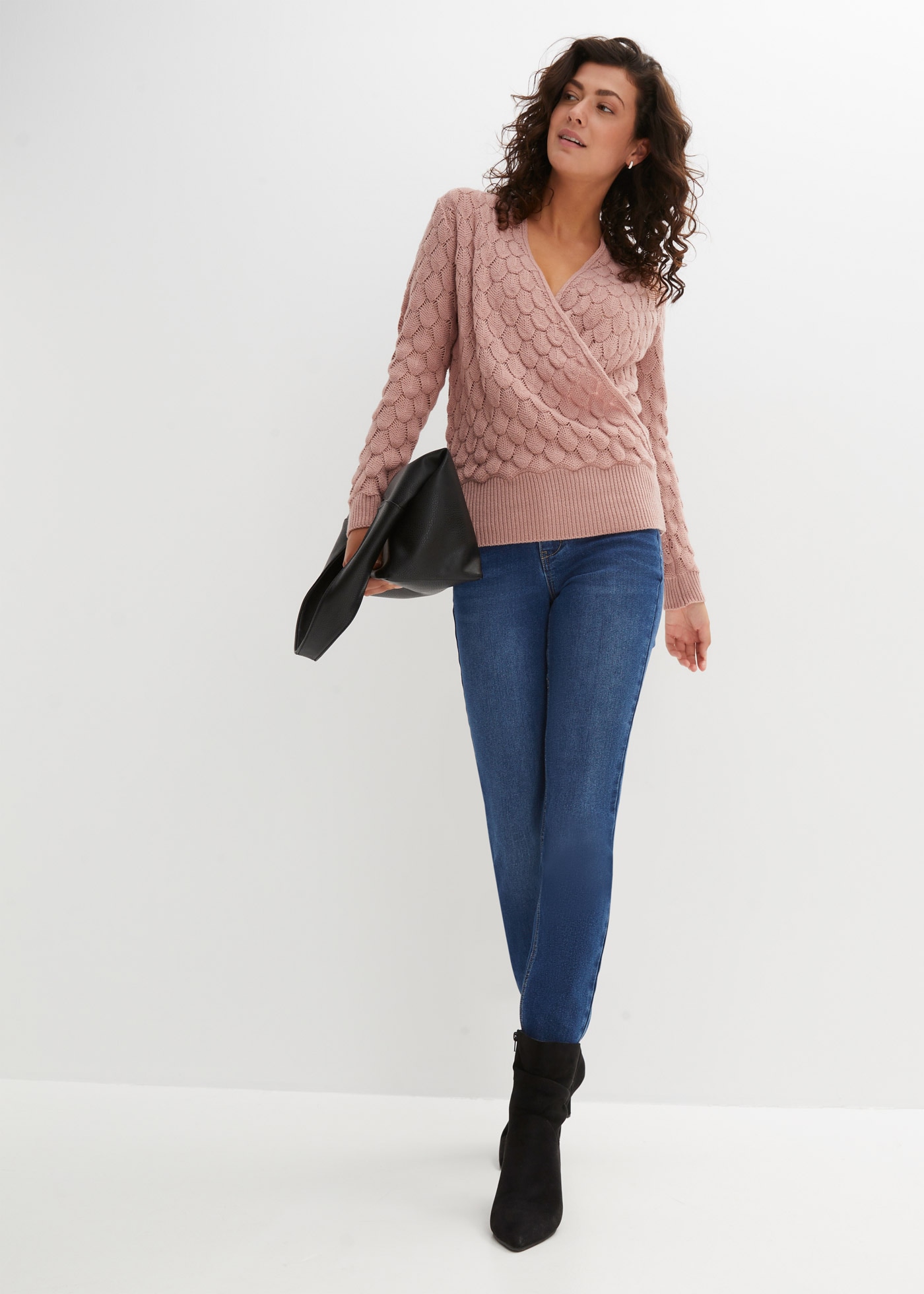 bonprix Strickpullover aus Polyacryl, mit Wickeloptik, mit Ajour-Strick, lockere Passform