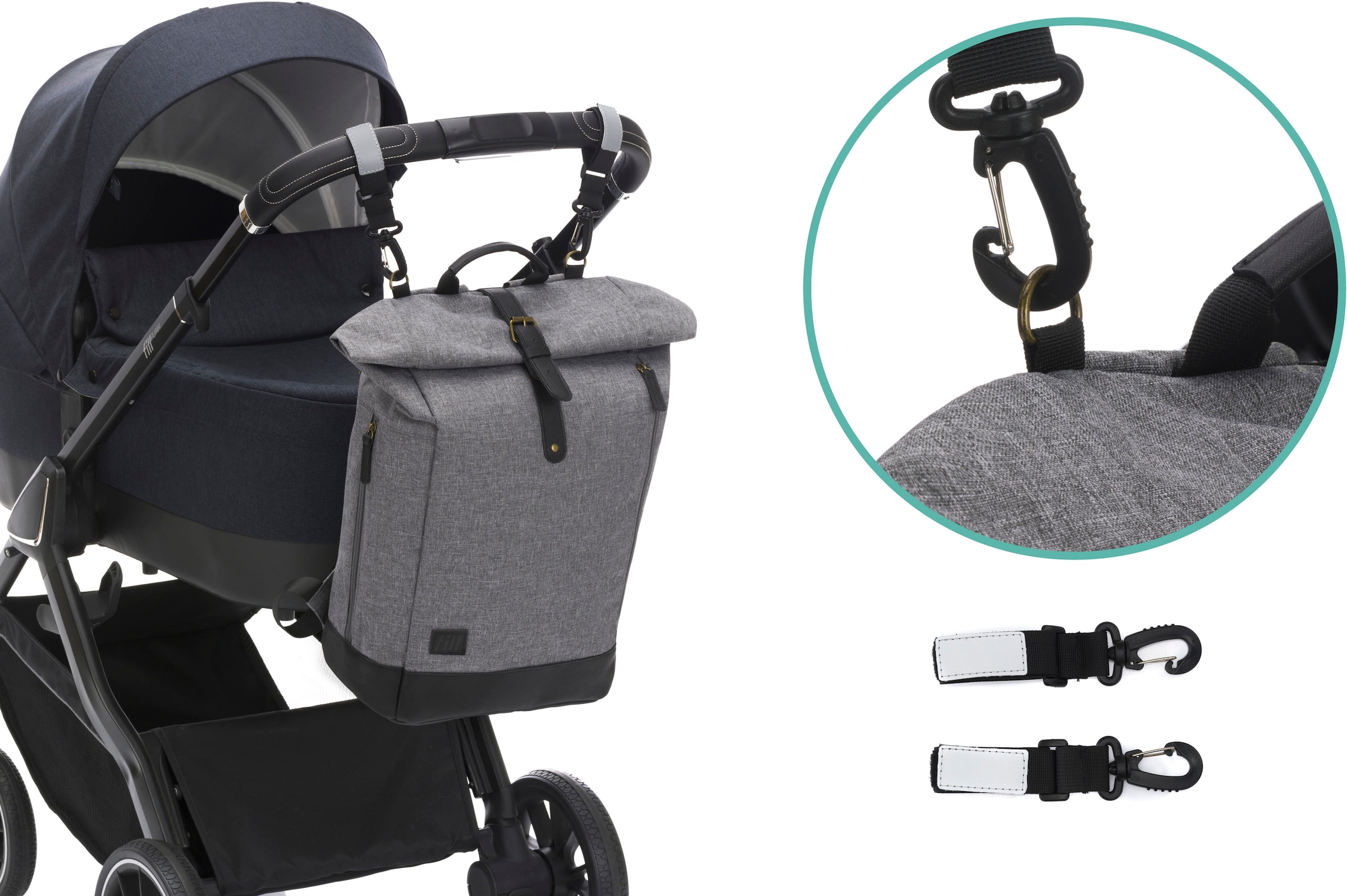 Fillikid Wickelrucksack »Rolltop Berlin, grau/schwarz«, Reflektoren, inkl. Wickeltunterlage