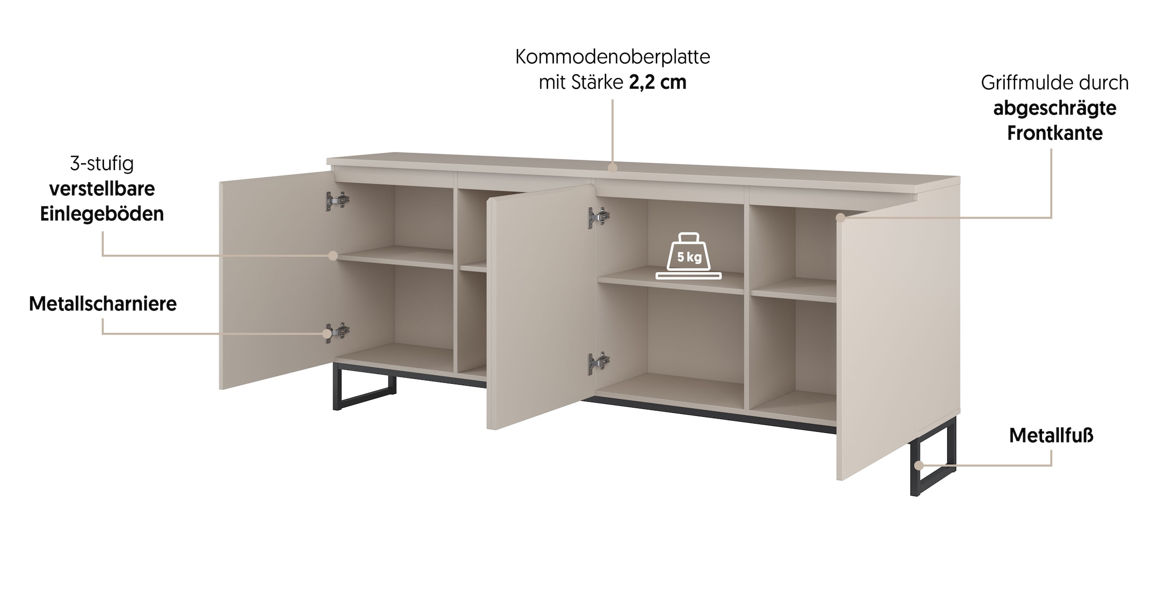 OTTO home Sideboard »Modo II, Breite 200 cm, moderne grifflose Kommode 4Türen« Anrichte mit viel Stauraum, Einlegeböden verstellbar, Metallkufen