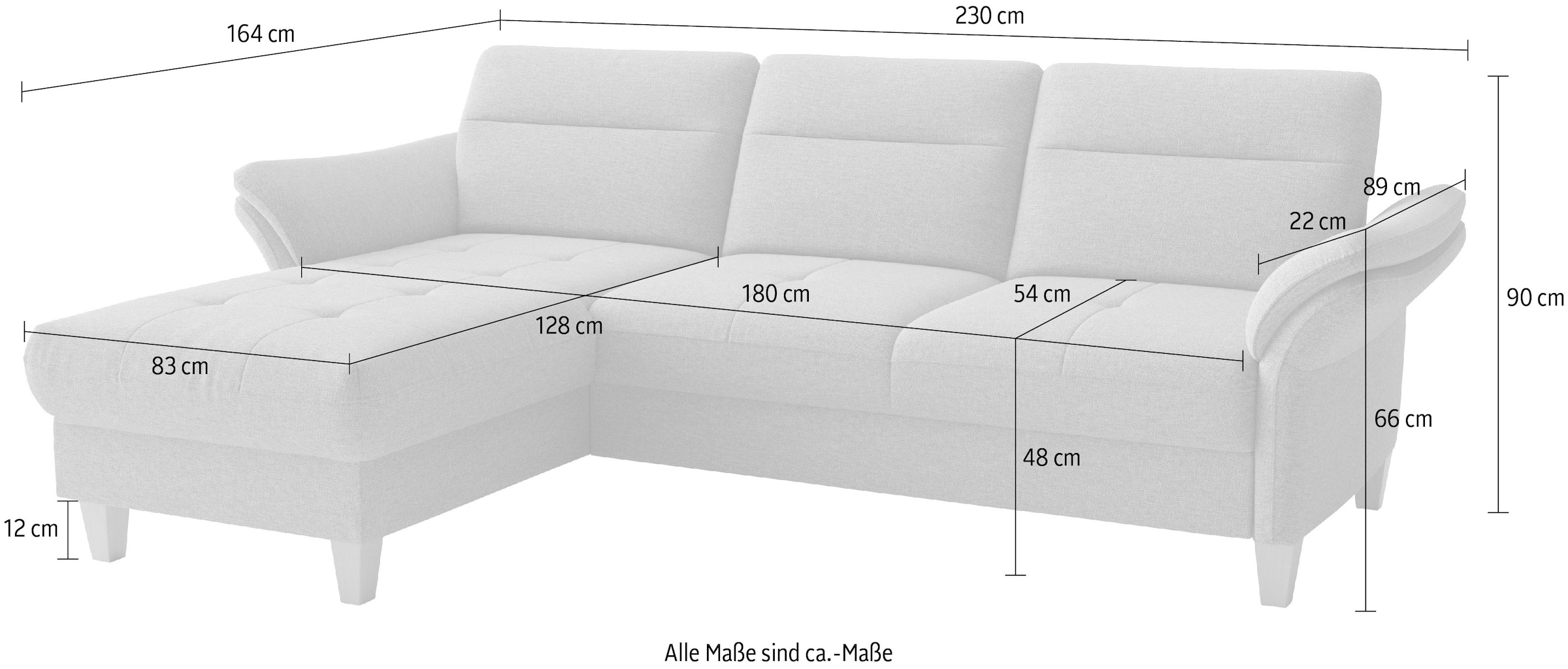 sit&more Ecksofa »Pamela L-Form, B: 230 cm, optional Schlaffunktion & Bettkasten« wahlweise mit Armteilverstellung, Sofa mit Federkern, Sitzhöhe: 48 cm