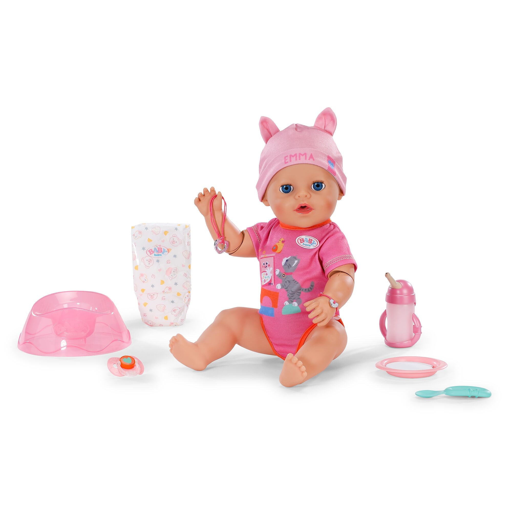 Baby Born Babypuppe »Emma Click & Play 43cm« mit Click-&-Play: Hält Fläschchen und Löffel selbst - ohne Batterien