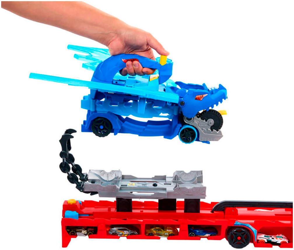 Hot Wheels Spielzeug-Monstertruck »Hot Wheels City Ultimativer 2-in-1 Drachen Transporter«, Inklusive 2 Hot Wheels Die-Cast-Fahrzeuge im Maßstab 1:64