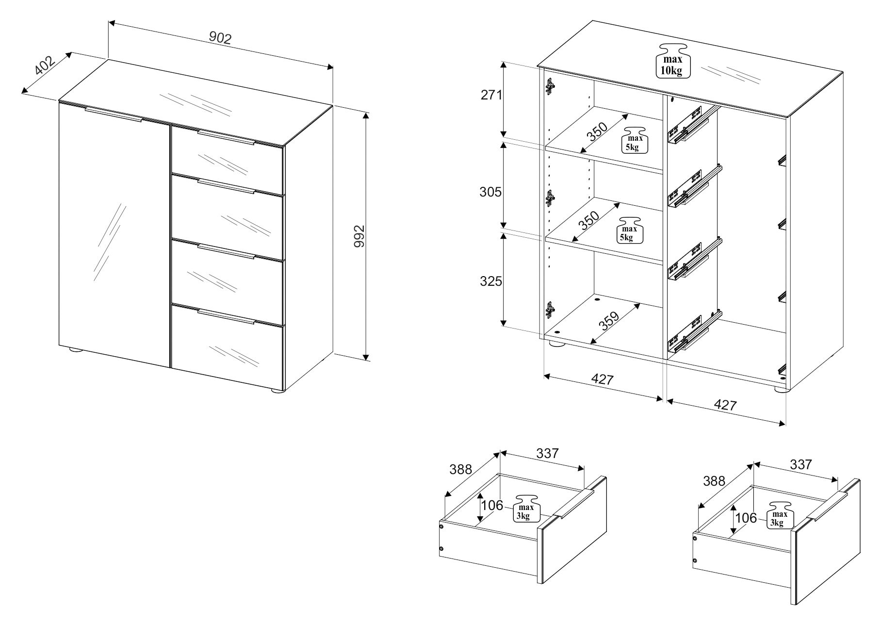 HBZ Sideboard »Santorin Mehrzweckschrank-Universalschrank, BxHxT 90x99x40 cm« 1 Stk. tlg. Mit 1 Tür und 4 Schubkästen mit Softclose, Glasfront und Glasoberboden