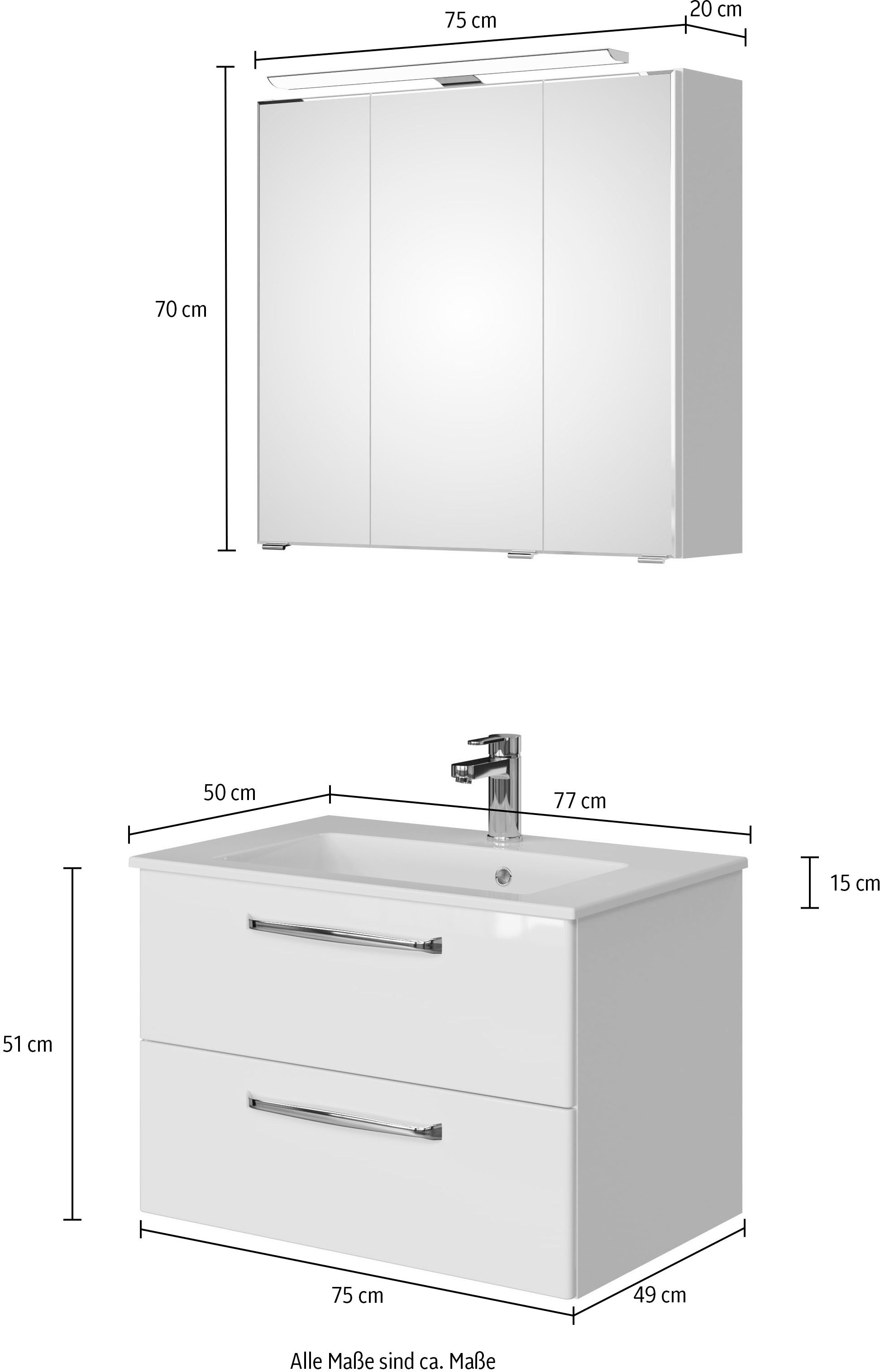 Saphir Badmöbel-Set »Trentino 2-tlg Mineralmarmor-Waschtisch,Spiegelschrank mit LED-Leuchte«, (3 St.), Badmöbel-Set 77cm breit, inkl. Türdämpfer, 3 Türen, 2 Auszügen
