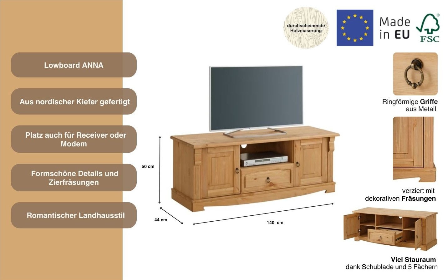 Home affaire Lowboard »Anna« Gesamtmaße (B/T/H): ca. 140/44/50 cm,  TV-Board, Breite 140 cm, 2 Türen, 1 Schublade, Massivholz, FSC®