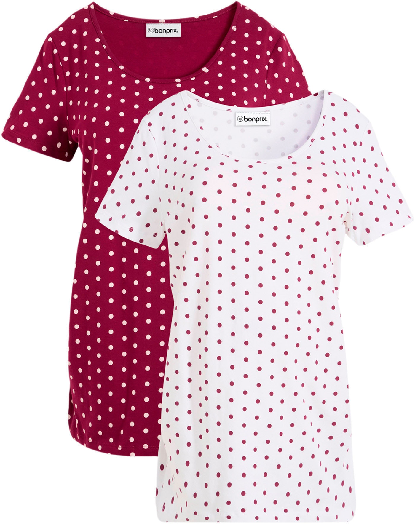 bonprix Umstandsshirt Packung, 2 Stk. figurbetonte Passform, seitliche Raffungen, gepunktetes Design