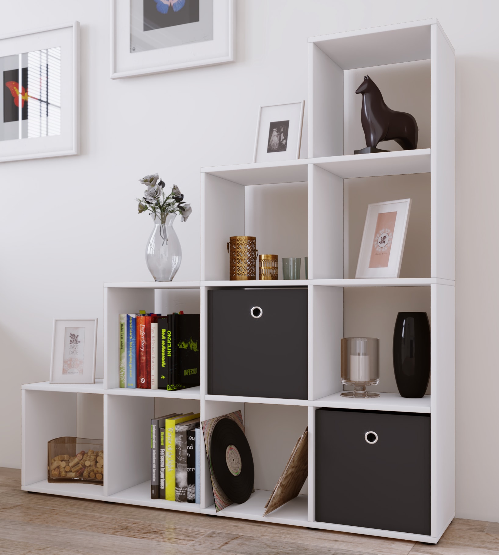 VCM Standregal »VCM Holzregal stehend | platzsparendes Regal | Maße: H. 139 x B. 143 x T. 29 cm | Elegantes Regal stehend | Aufbewahrungsregal | Bücherregal | Treppenregal - Napoli«