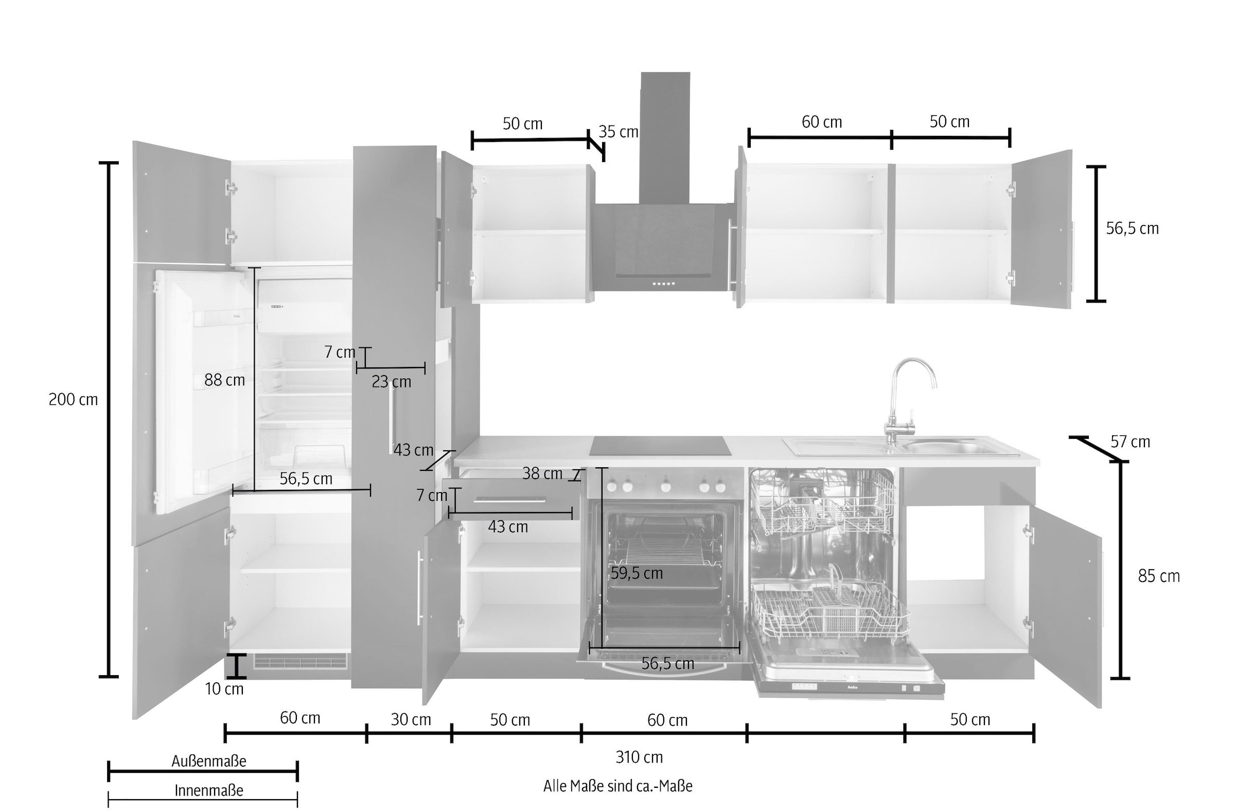 wiho Küchen Küchenzeile »Cali«, ohne E-Geräte, Breite 310 cm bestellen bei  OTTO