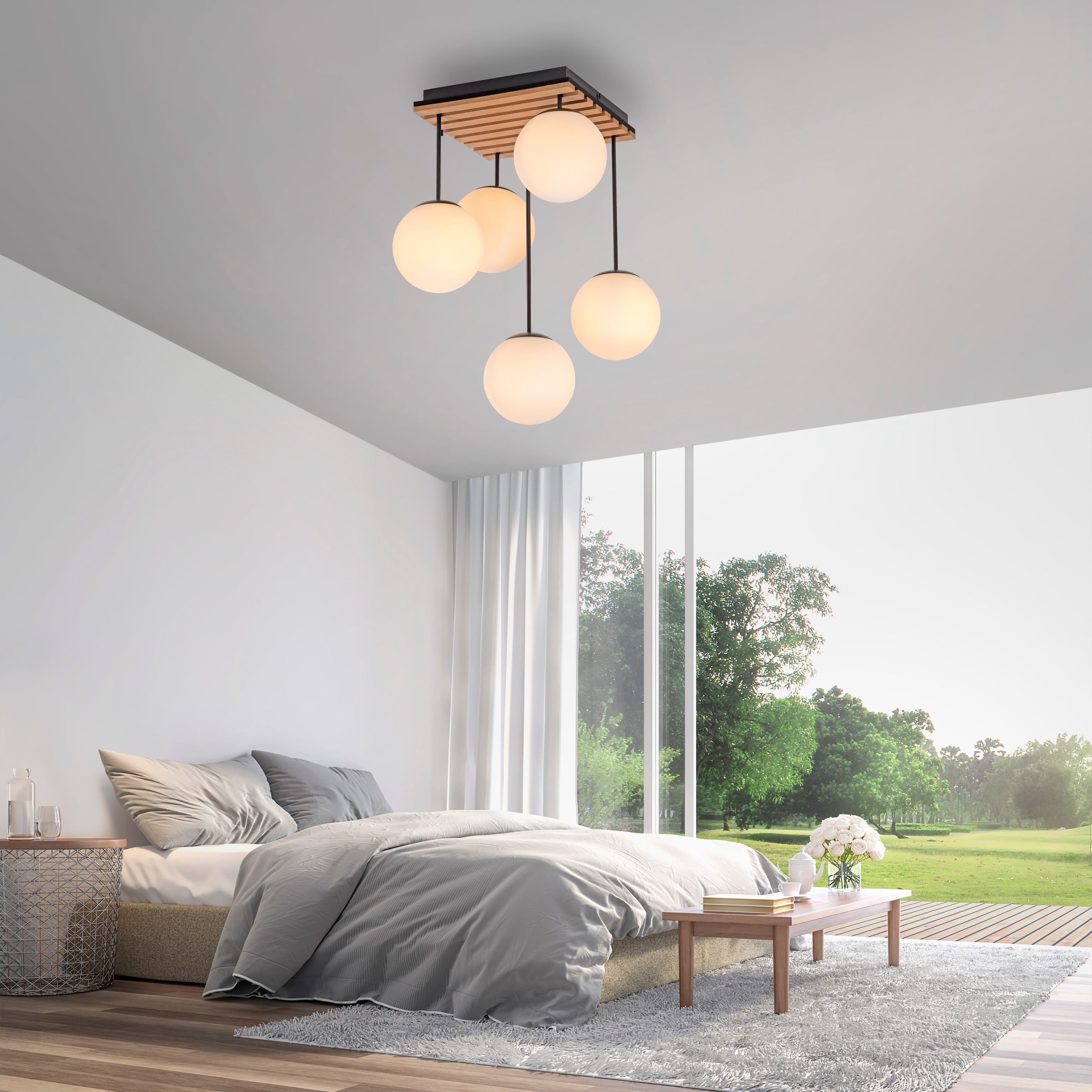 my home Deckenleuchte »Erinette Akustikpaneele mit Glaskugeln«, 5 flammig, Leuchtmittel E14 | ohne Leuchtmittel-Leuchtmittel wechselbar, Holz, Akustik, Paneele, Glas, Deckenlampe E14
