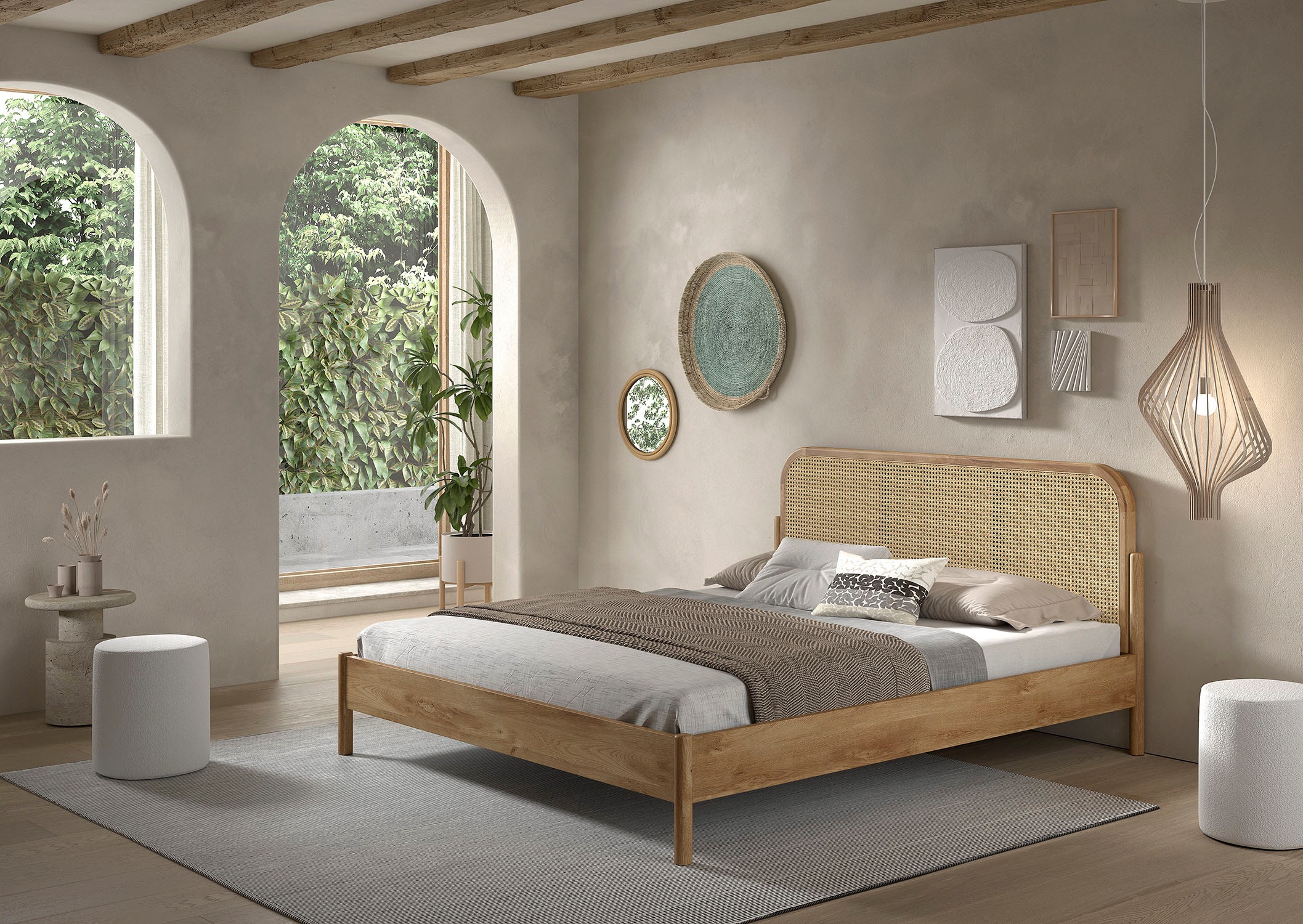Home affaire Bettgestell »Olive, Bettpfosten Eiche massiv und furnierten Bettseiten«, (mit hochwertigem Rattan-Geflecht Kopfteil, Rahmen Eiche massiv), ohne Lattenrost, mit höhenverstellbarem Rahmenbeschlag, zwei Breiten