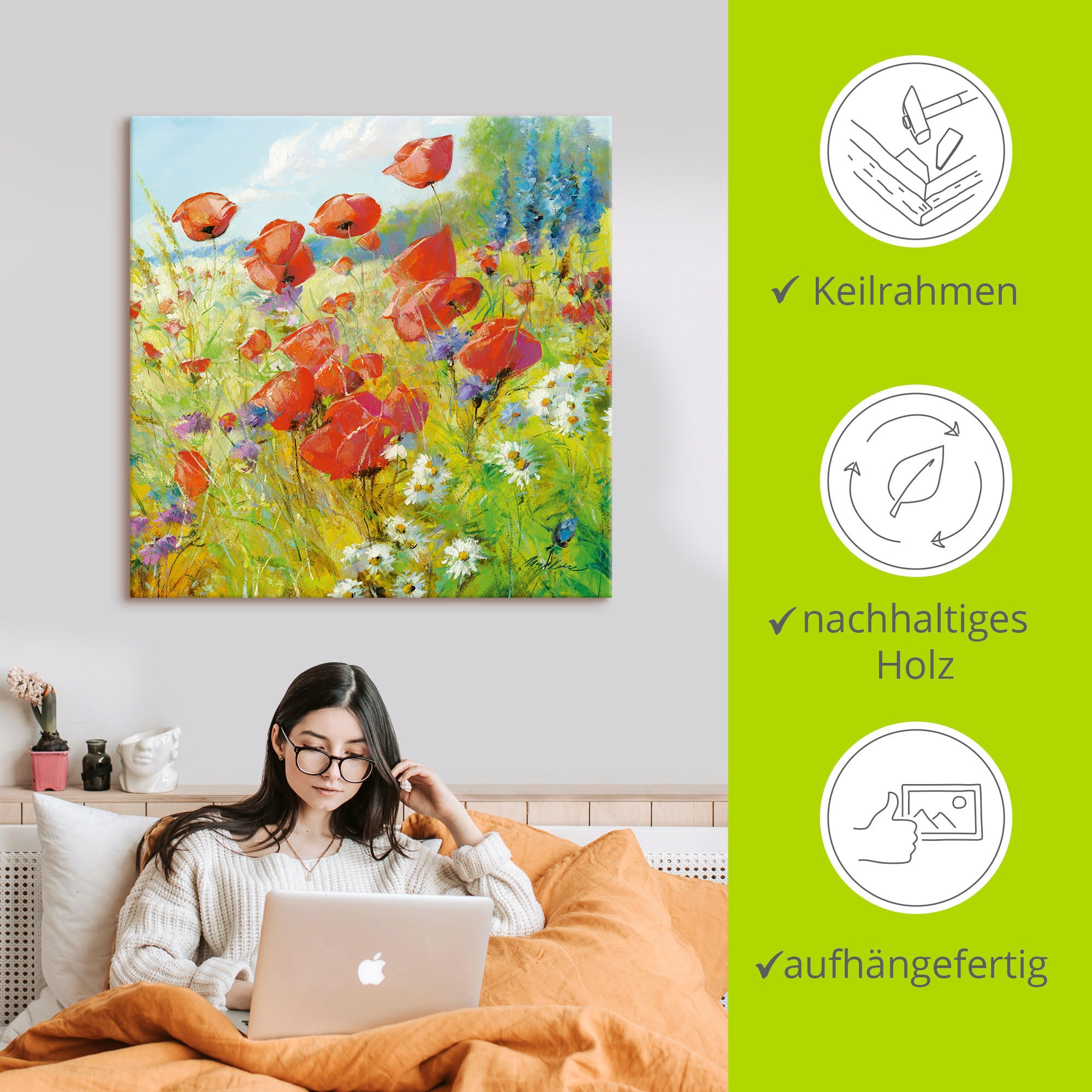 Artland Leinwandbild »Sommerwiese mit Mohnblumen« Blumenwiese 1 Stk. tlg. auf Holzrahmen gespannt