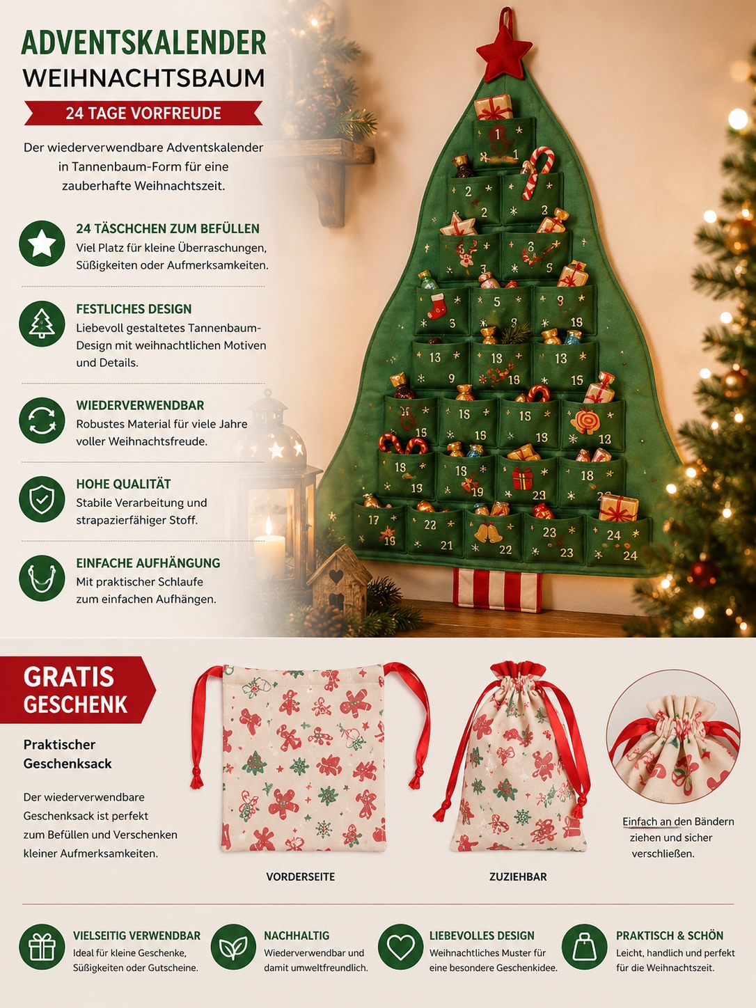 OTTO home Adventskalender »Weihnachtsbaum mit dekorierten Taschen, wiederverwendbar« Es liegt keine Altersempfehlung vor aus Stoff, ca. 100x68cm, zum Hängen an Türen und Wänden
