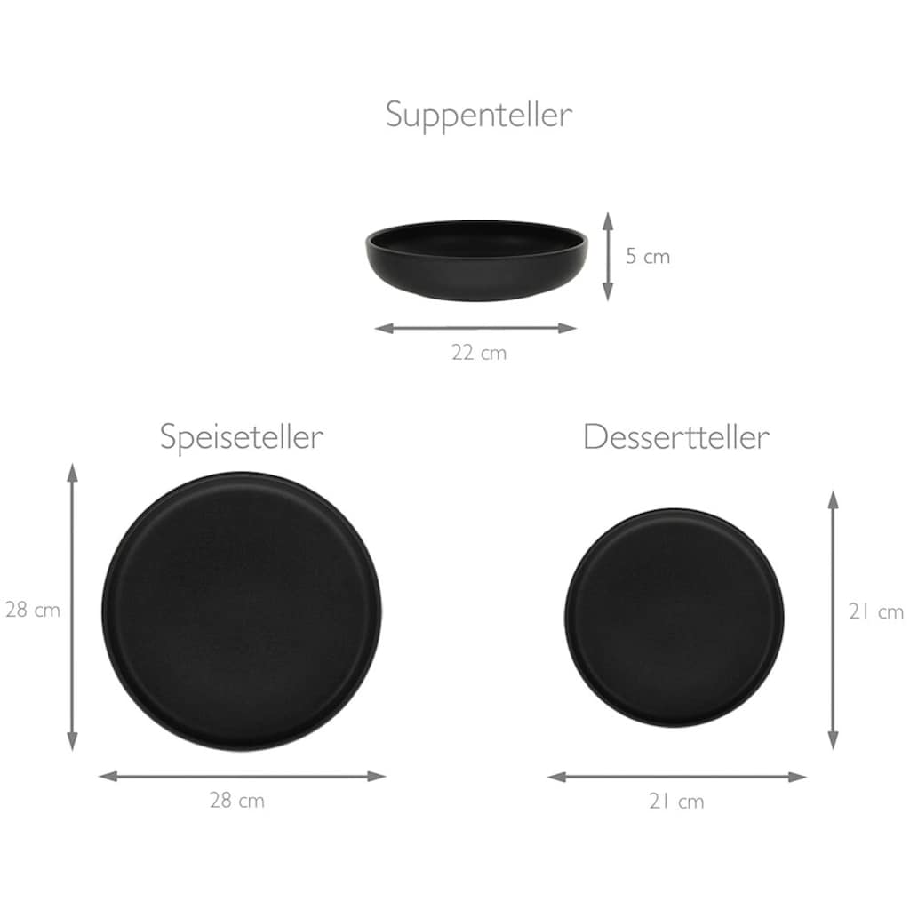 CreaTable Tafelservice »Geschirr-Set Uno Black«, (Set, 12 tlg., Teller Set für 4 Personen)