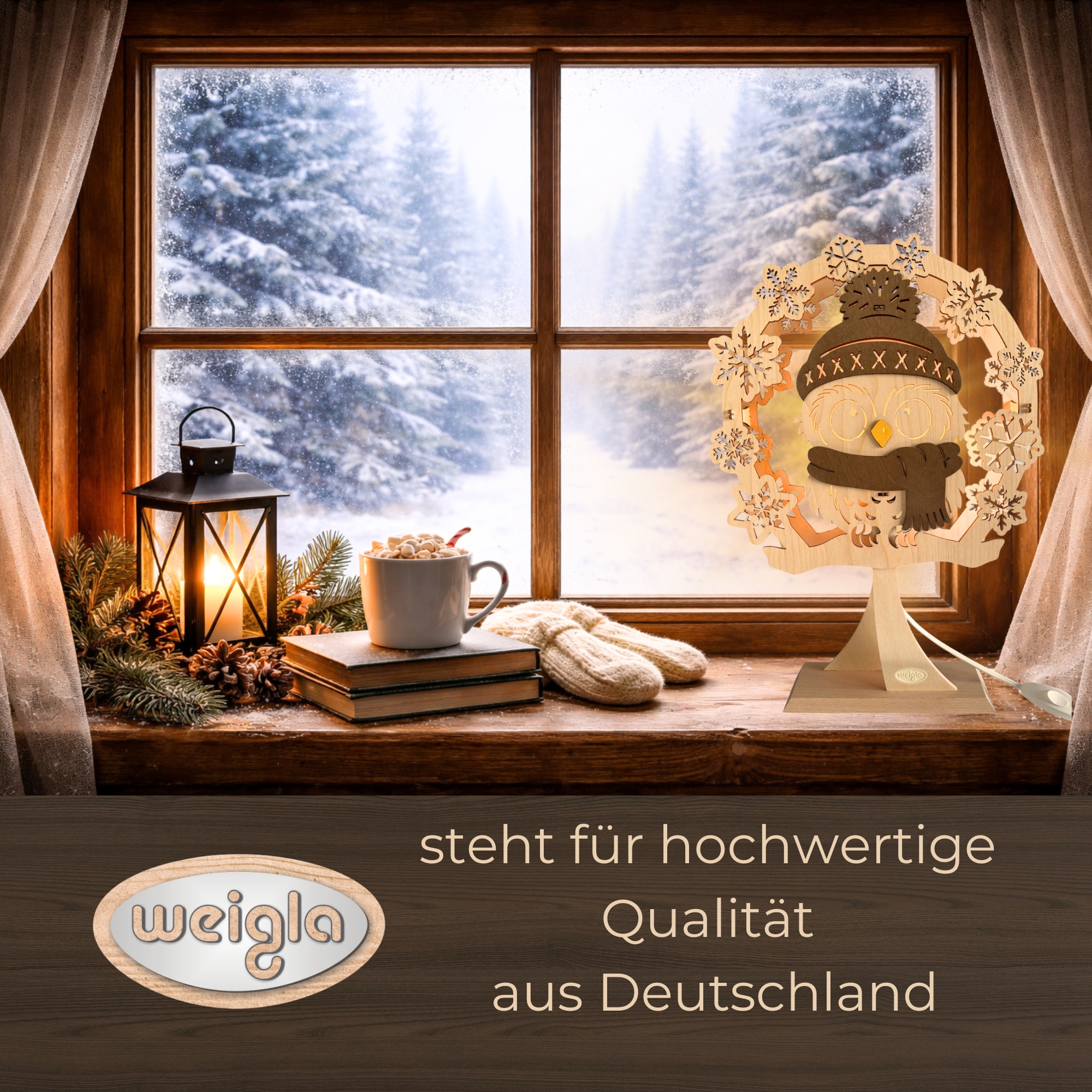 Weigla LED Dekolicht »Wintereule auf Sockel, aus Holz, NATUR-BRAUN« E14 Holzkunst aus dem Erzgebirge