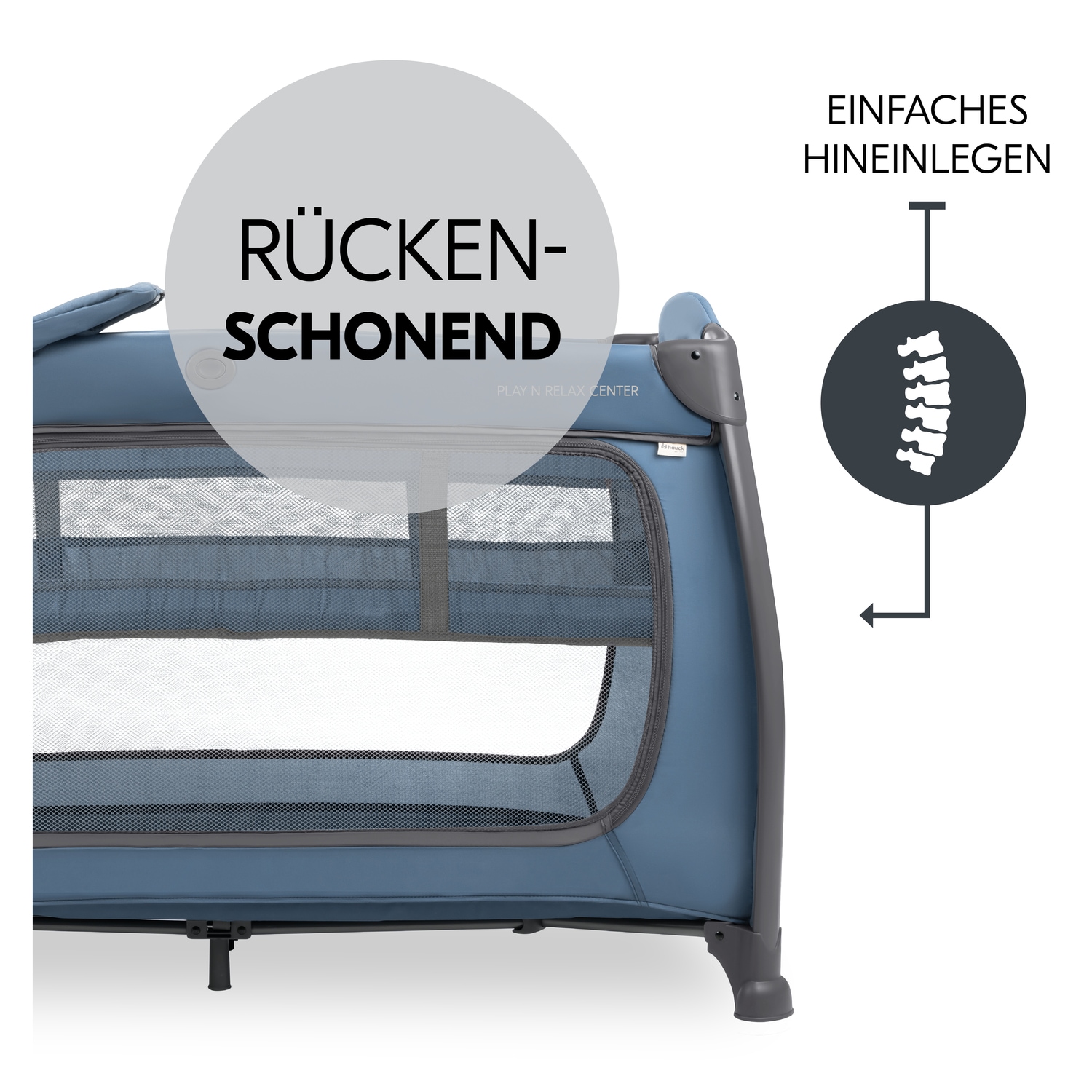 Hauck Baby-Reisebett »Play N Relax Center, dark blue«, inkl. Neugeboreneneinhang, Wickelmulde, Ausstieg, Räder