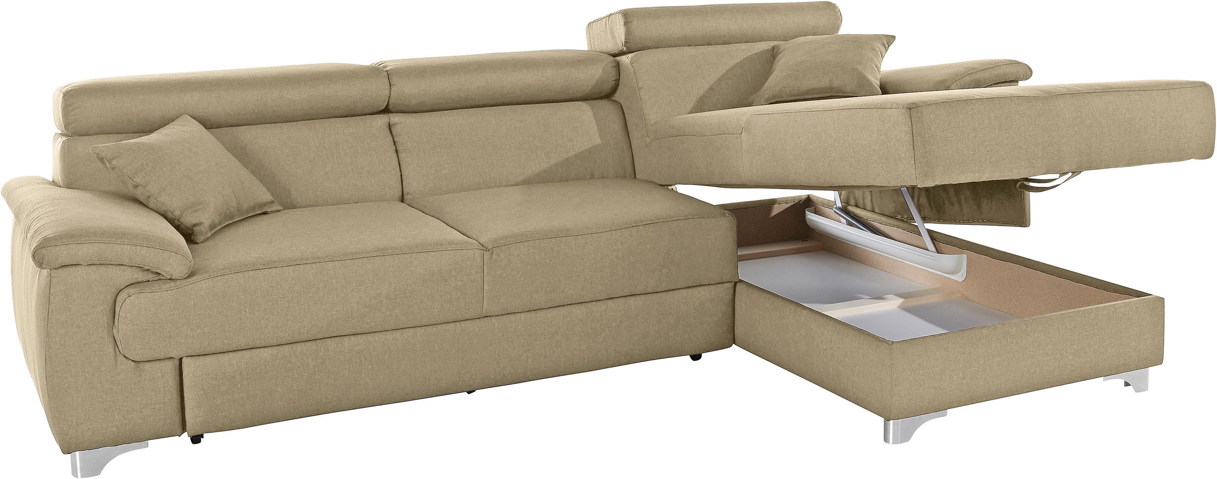 DOMO collection Ecksofa »Mira, inklusive Kopfteilverstellung für mehr Wohlfühlkomfort, L-Form«, wahlweise mit Bettfunktion und Bettkasten, elegant und modern