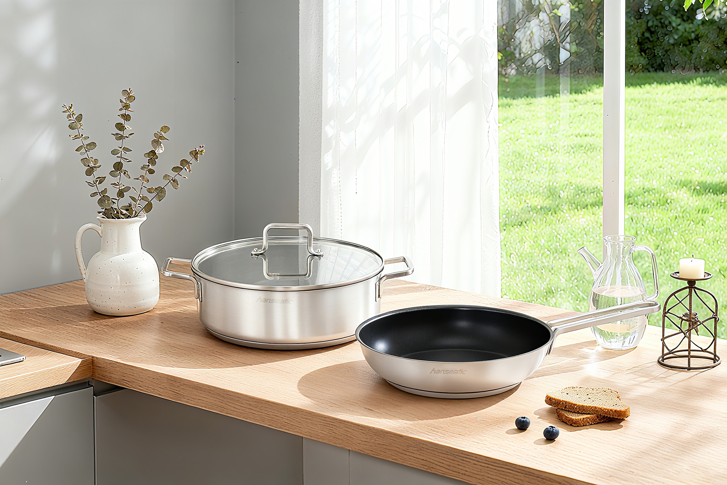 Hanseatic Pfannen-Set »DAILY« Edelstahl 18/10 Set, 1x Pfanne 24 cm, 1x Servierpfanne 28 cm mit Deckel, 3 Stk. tlg. mit Antihaftbeschichtung, für alle Herdarten, Induktion