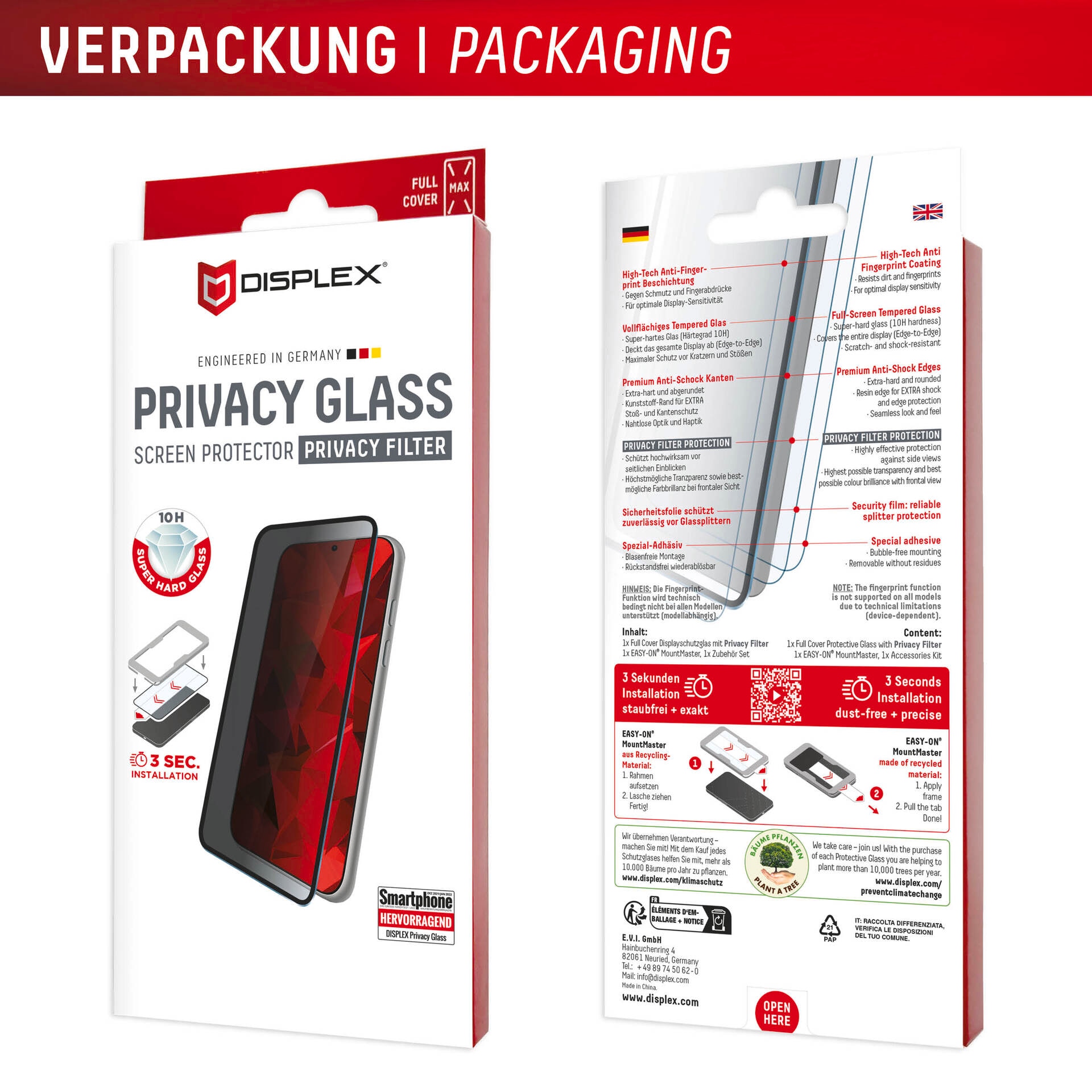 Displex Displayschutzglas »Privacy Glass Screen Protector mit EASY-ON MountMaster« für Apple iPhone 17 Pro Max Displayschutzfolie, Schutzfolie, Bildschirmschutz, kratz- & stoßfest