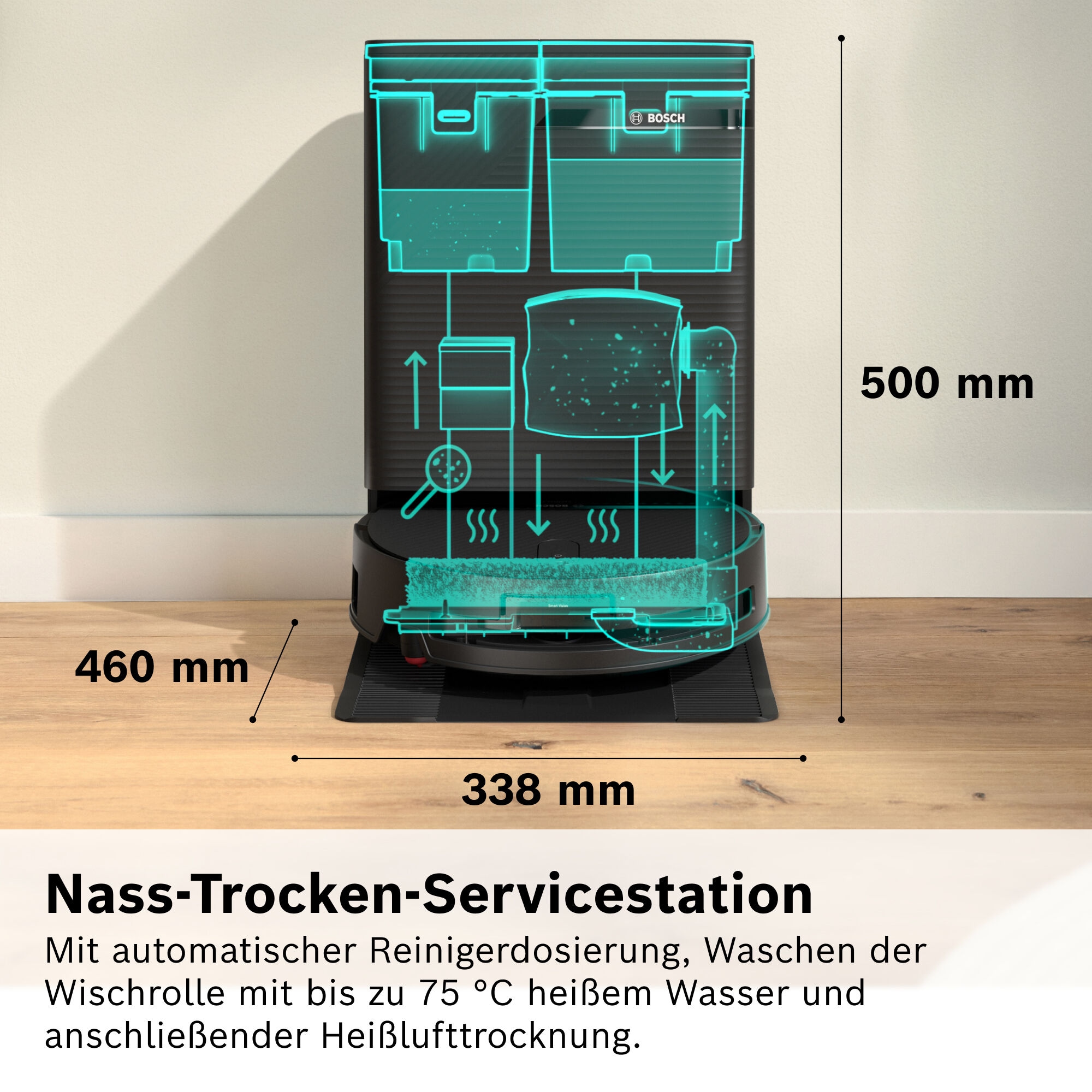 BOSCH Saugroboter »mit Wischfunktion Spotless 2 Advanced BCR2S2BX/BCR2S2WX« ausfahrbare Wischrolle, 27.000 Pa Saugkraft, smarte Fleckenentfernung