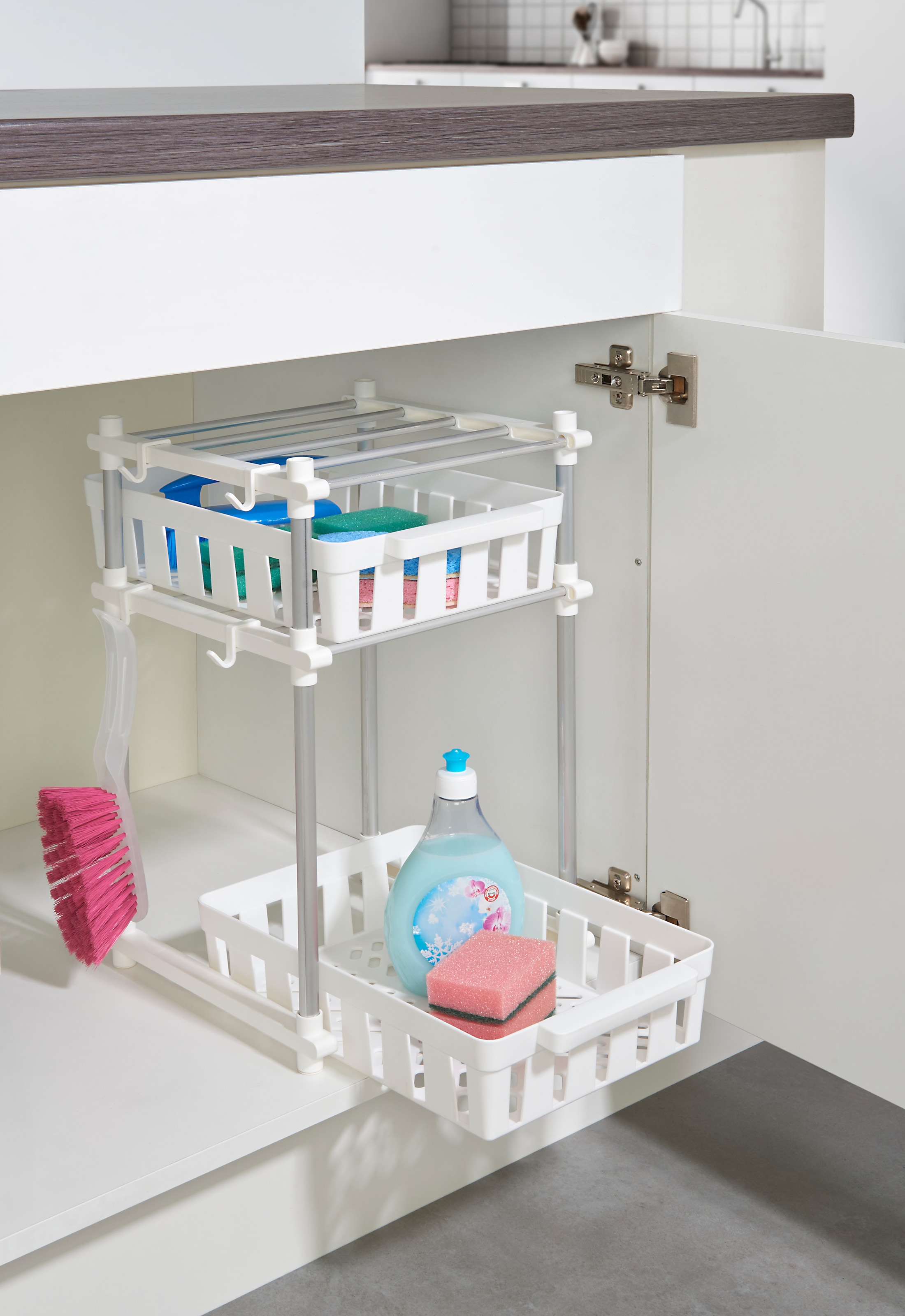 Ruco Küchenregal Spülschrank-Organizer, Inkl. 2 Körben, 4 Haken, Aluminium/Kunststoff