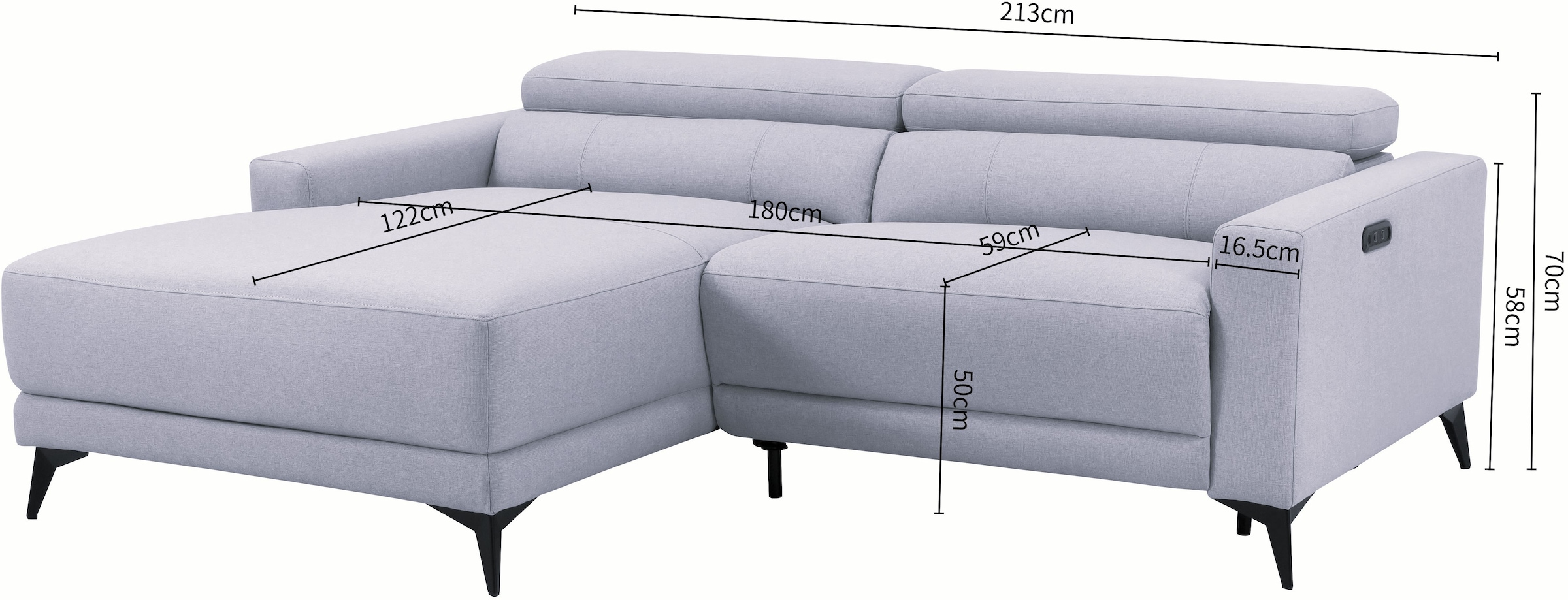 OTTO home Ecksofa »LEWII, L-Form, 213 cm - elektr. Relaxfunktion« mit USB A/C-Anschluss. Federkern, verstellbaren Kopfstützen, Webstoff
