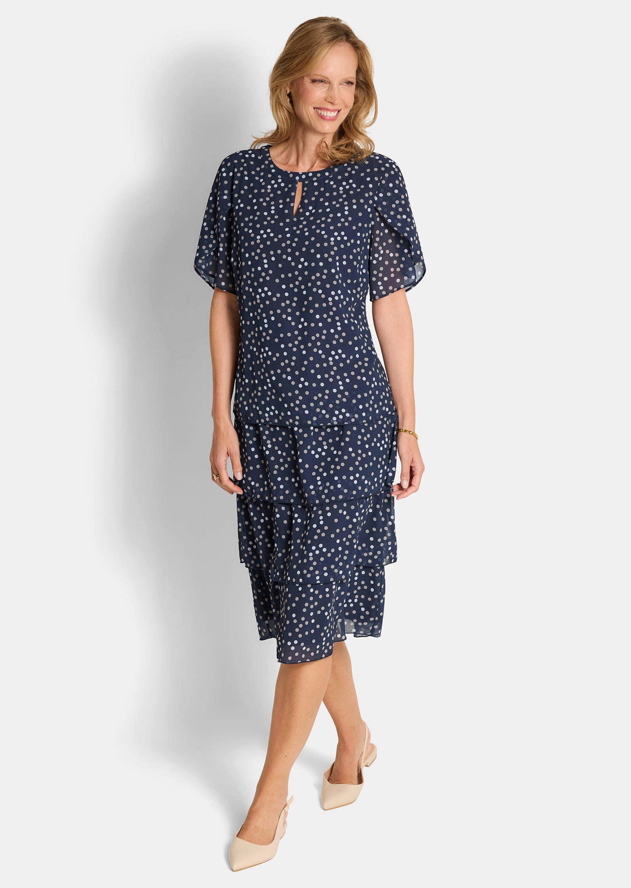 GOLDNER Sommerkleid »Sommerkleid mit Tupfen-Muster« Ohne Taschen Schlitz am Ausschnitt