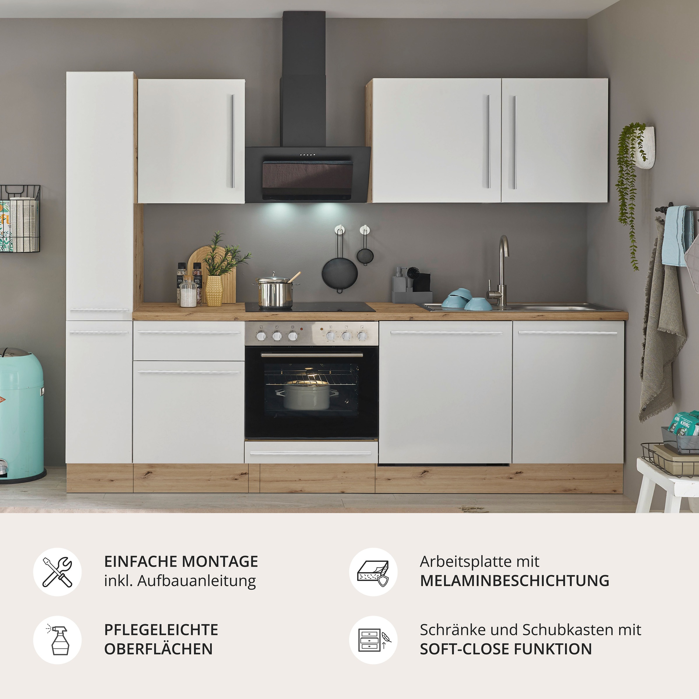 KOCHSTATION Küchenzeile »Florida« Breite 250 cm, wahlweise mit E-Geräten,Softclose für Türen/Schubkästen