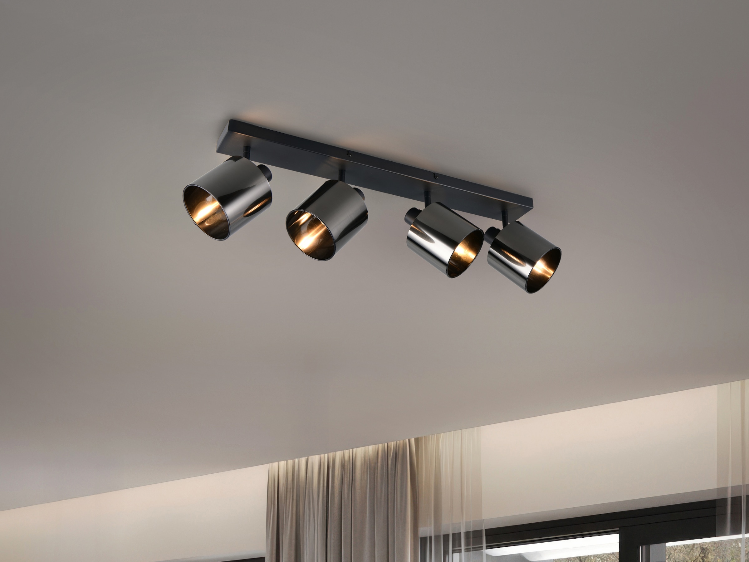 REALITY Leuchten Deckenstrahler »JASON, Deckenspot 4-flammig exkl 4x E4 max 10W, 76x22x12 cm (B/H/T)« E14 1 Stk. warmweiß - kaltweiß 4 verstellbare Strahler, Metall schwarz, Lampenschirm rauchgrau