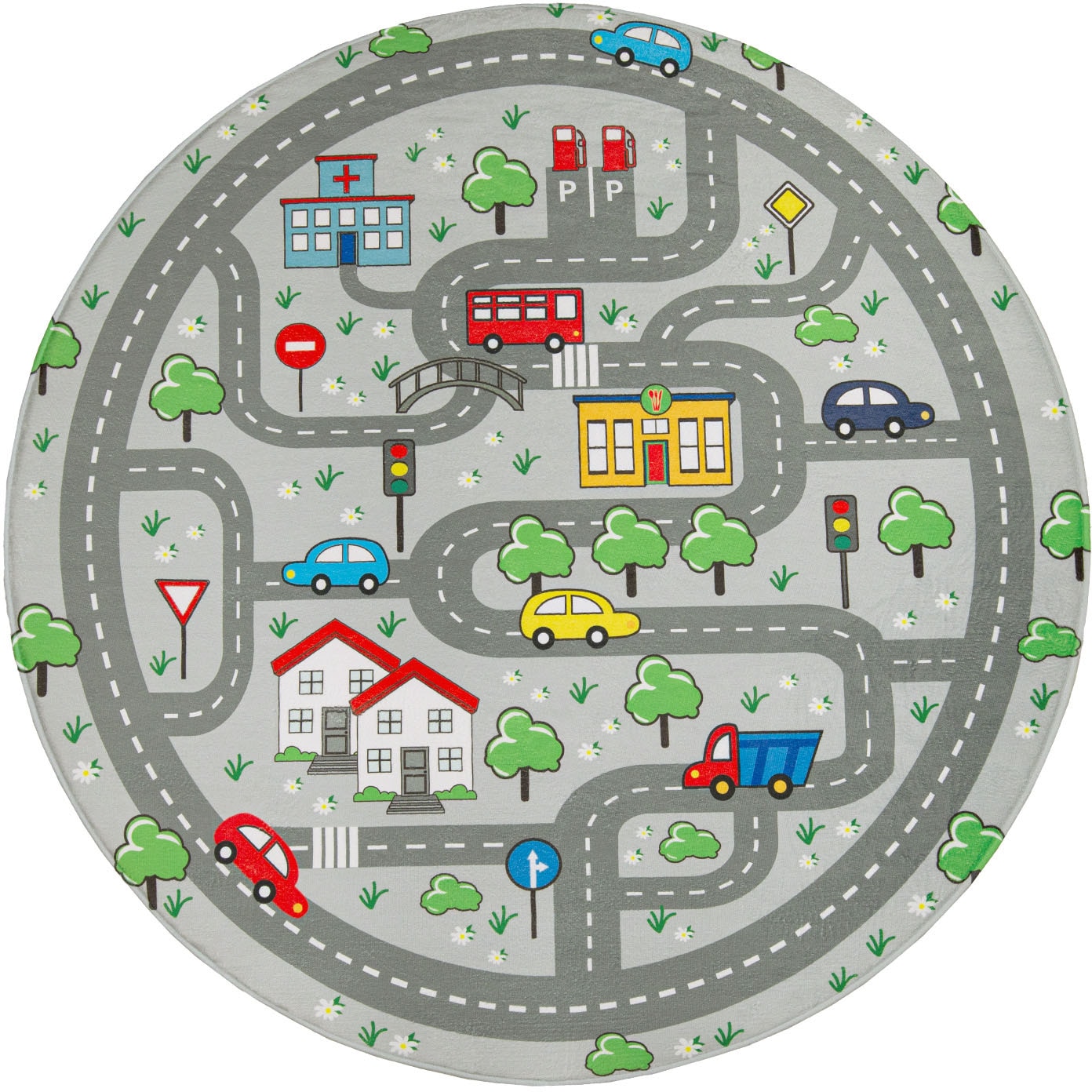 Paco Home Kinderteppich »Chicos 559« rund 2 mm Höhe Flachgewebe, Straßen-Spiel-Teppich, Kinderzimmer