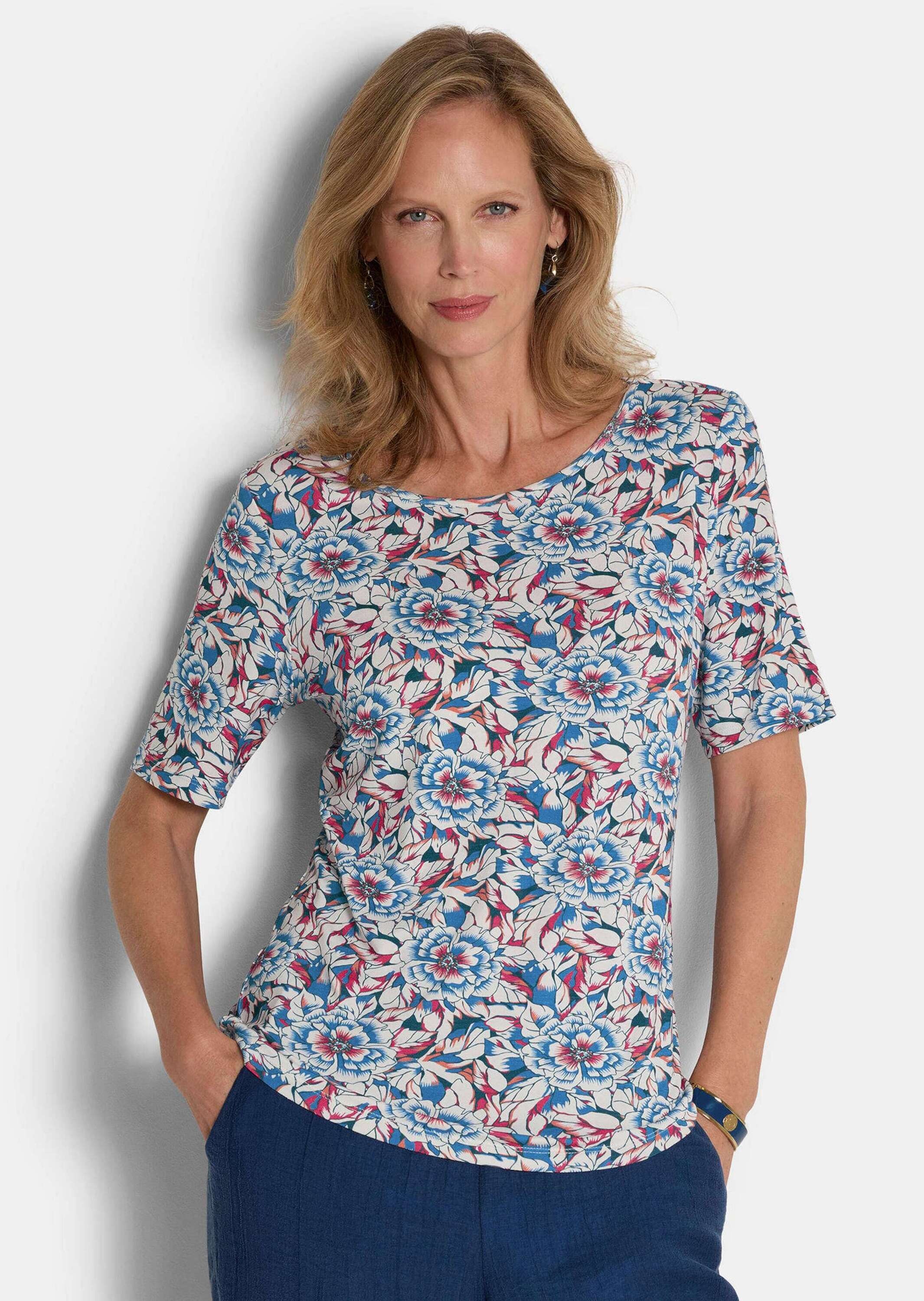 GOLDNER Kurzarmshirt »Kurzgröße Cityshirt mit floralem Design« stretchbequemer Viskosejersey