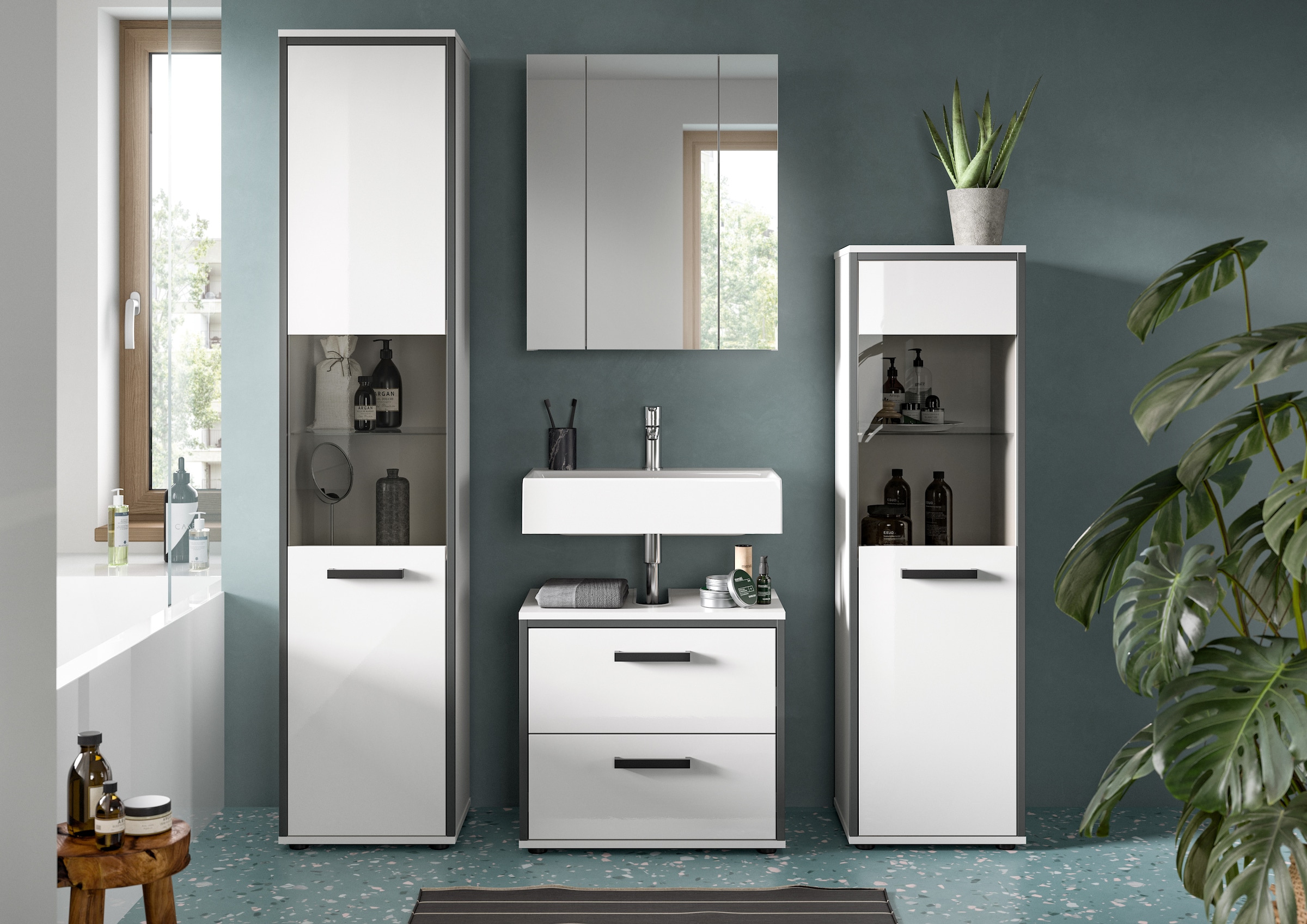 welltime Badmöbel-Set »KAJO, 4-tlg. Badkombination, weiß hochglanz« Set, Set, best. aus:1Hochschrank,1Spiegelschrank,1WBU,1Midischrank, 4 Stk. tlg.