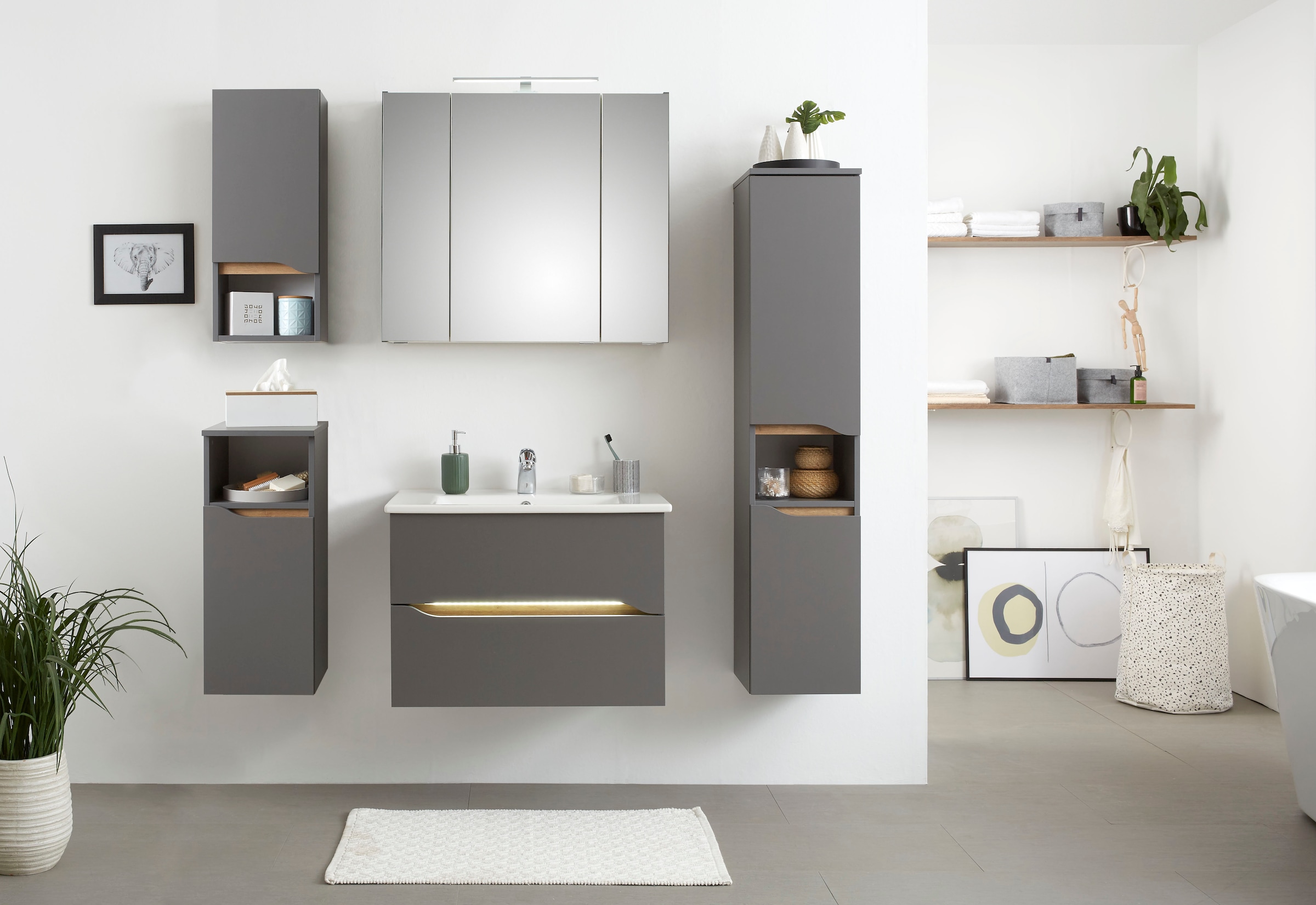 Saphir Badmöbel-Set »Quickset 5-teilig, Keramik-Waschtisch und LED-Spiegelschrank« 7 Stk. tlg.