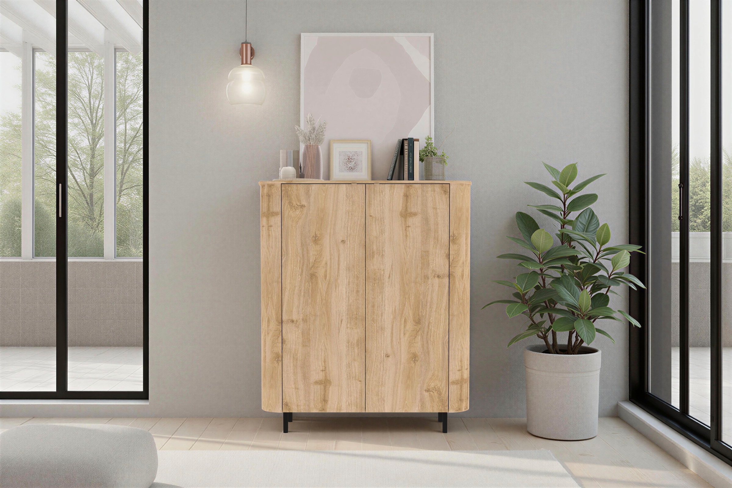 Home affaire Highboard »Murano, B/H 131/154 cm, 2 Türen, Stauraumschrank, Hochkommode« Formgebogenes MDF, Stirnseiten mit Rundung, Füße und Griffe aus Metall