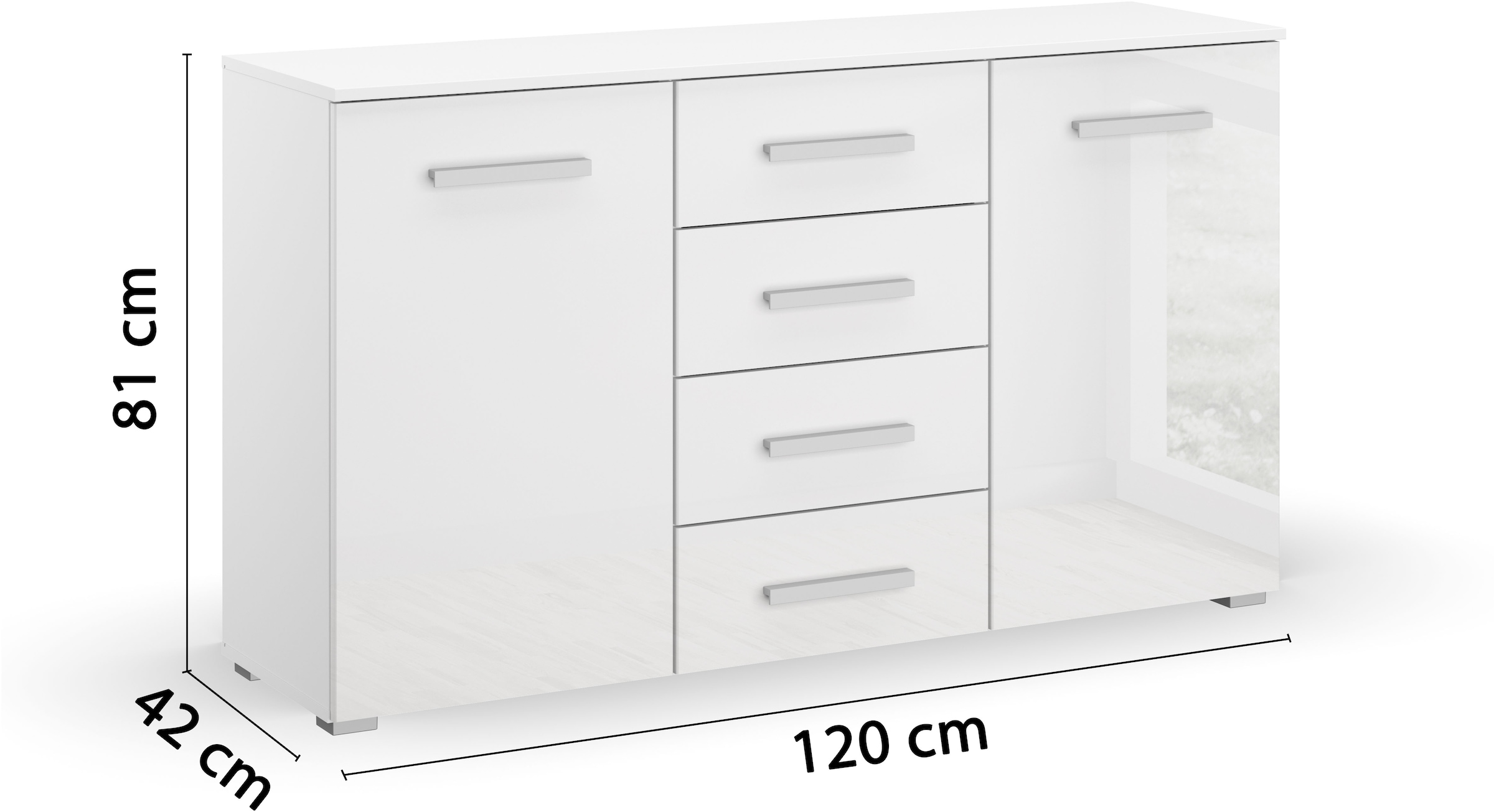 rauch Schubkastenkommode »Sideboard Kommode Kombikommode KOLUNA mit Hochglanzfront«, (Breite 120 cm), vier große Schubladen, mit insgesamt 4 Einlegeböden MADE IN GERMANY